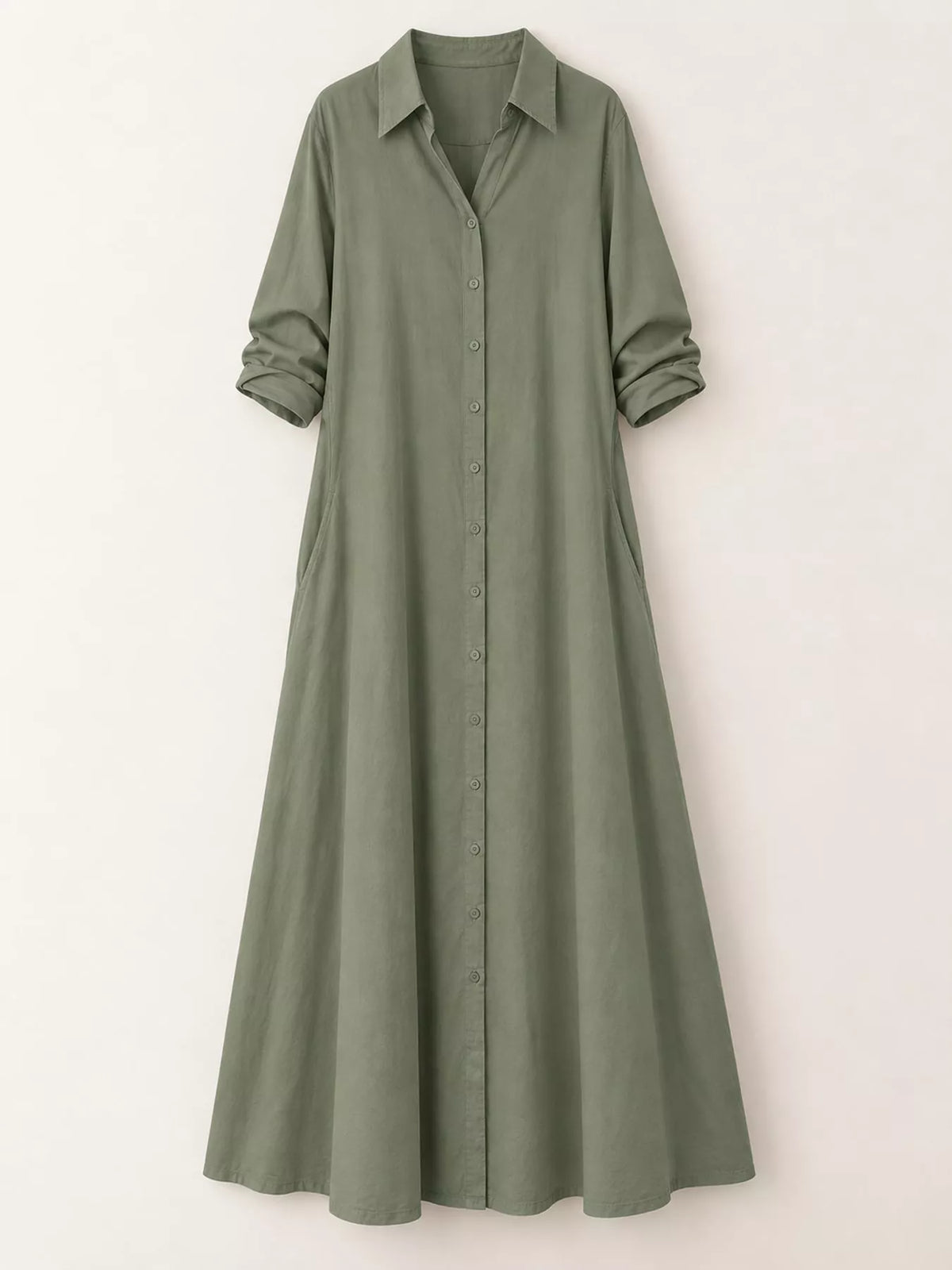 Olive green button-front long-sleeve maxi shirt dress with pointed collar