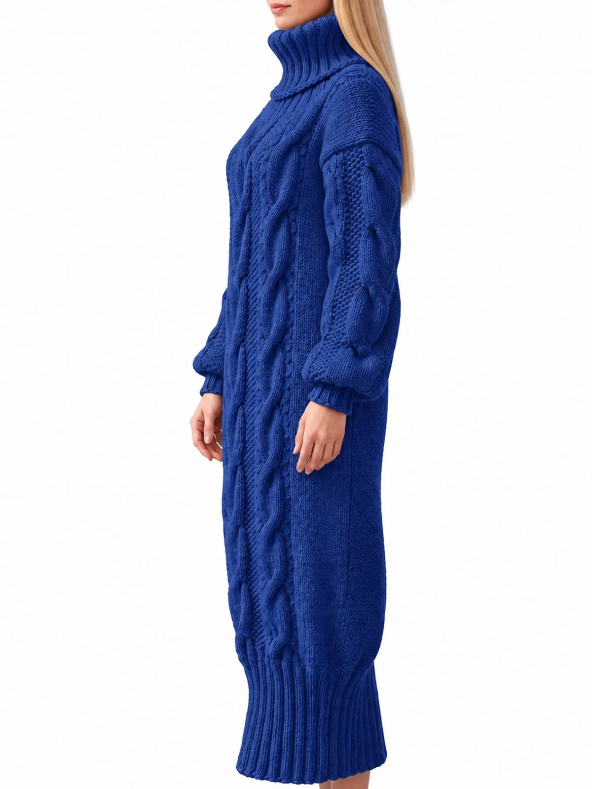 Chunky cable knit turtleneck sweater dress, royal blue, cable pattern, long sleeves