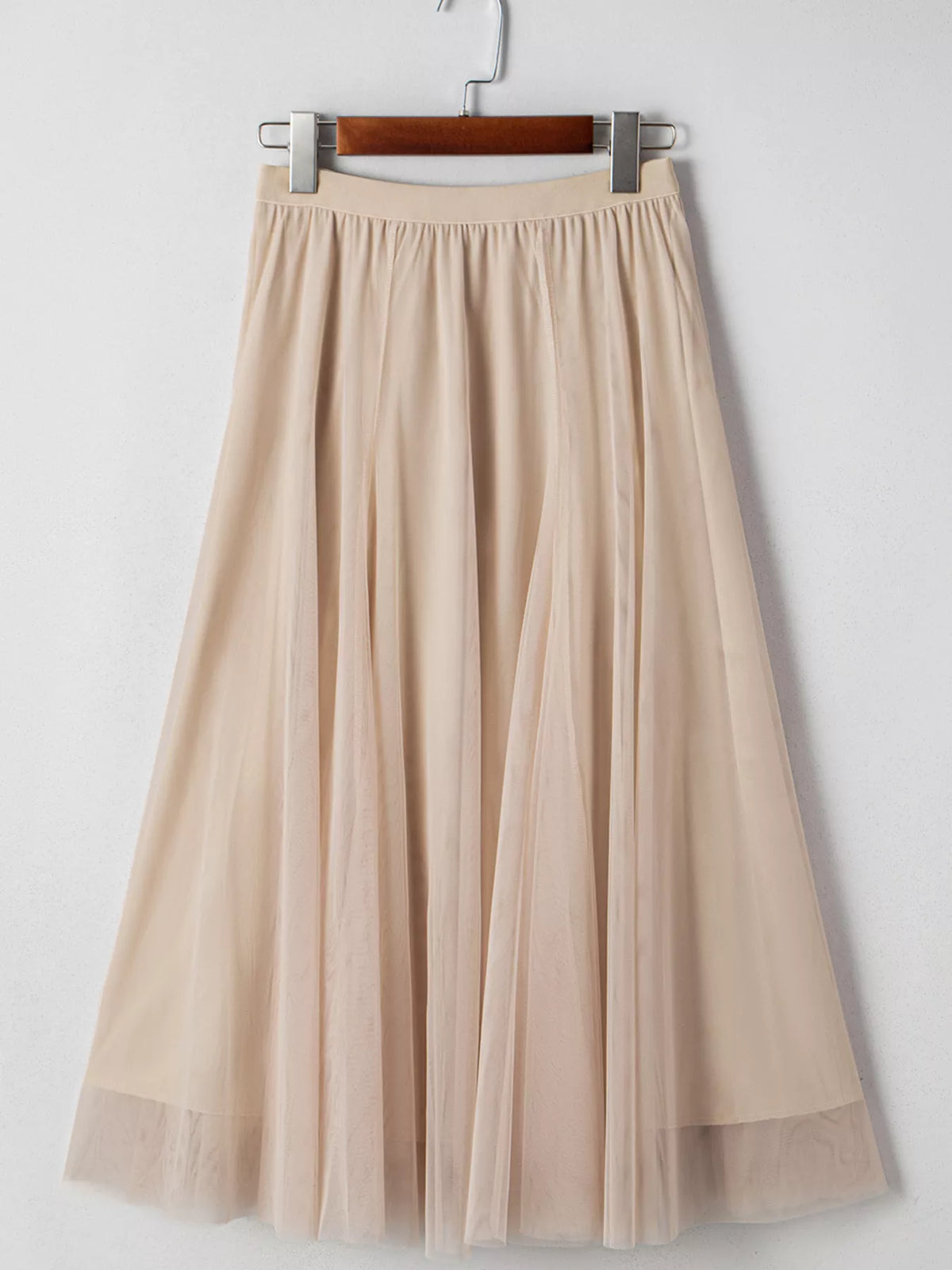 Dust Storm midi skirt shown flat with a sheer mesh outer layer and lining