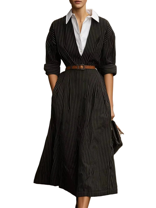 Black striped collared midi dress with 3/4 sleeves, brown belt, buttoned front