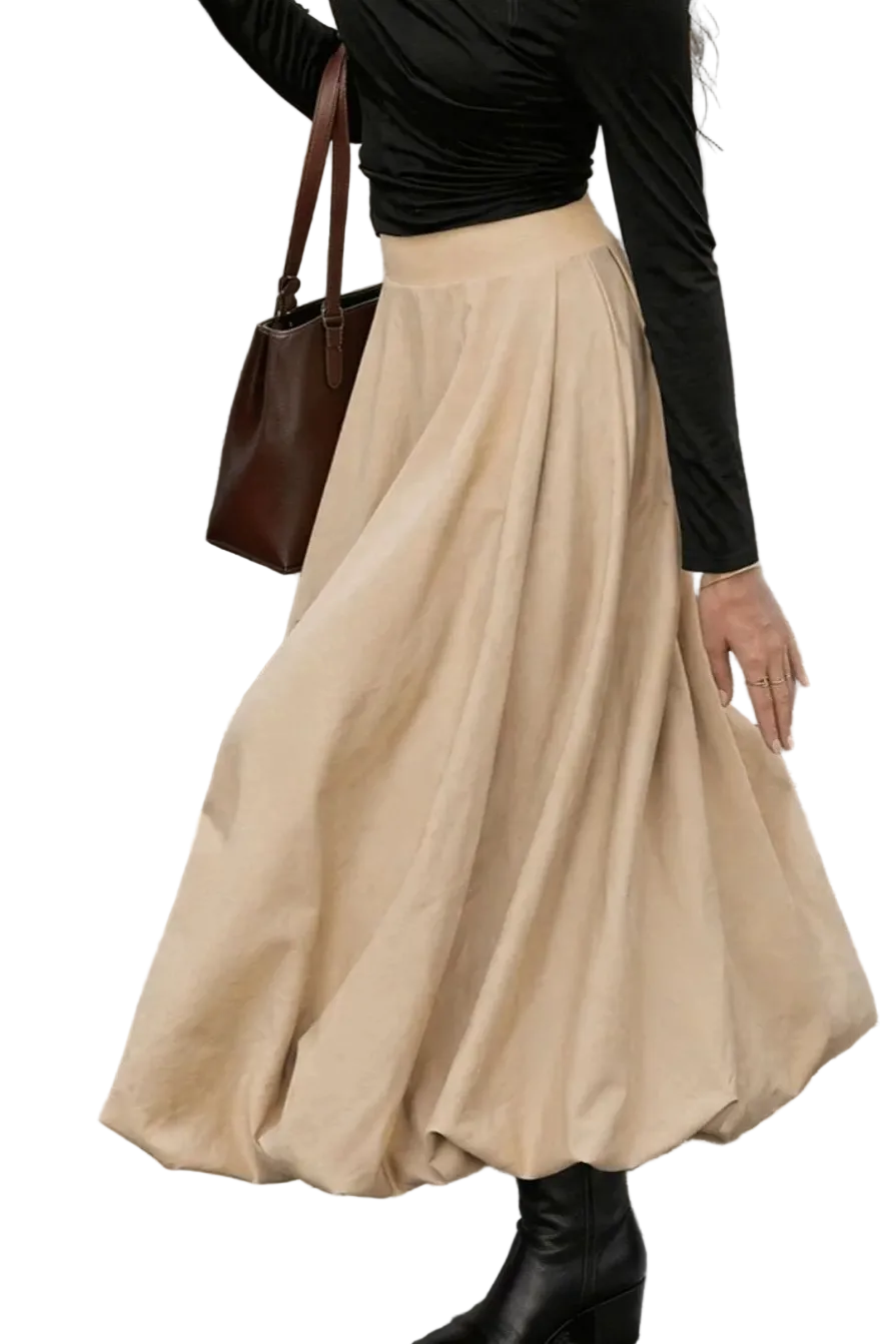 Tan high-waisted A-line midi skirt with a full, softly gathered hem.