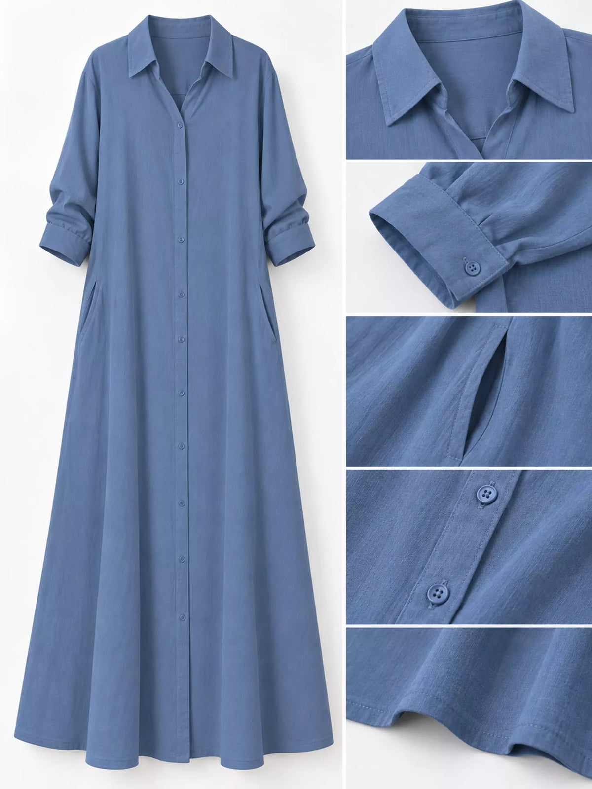 Light blue maxi shirt dress close-up: button placket and roll-up sleeve