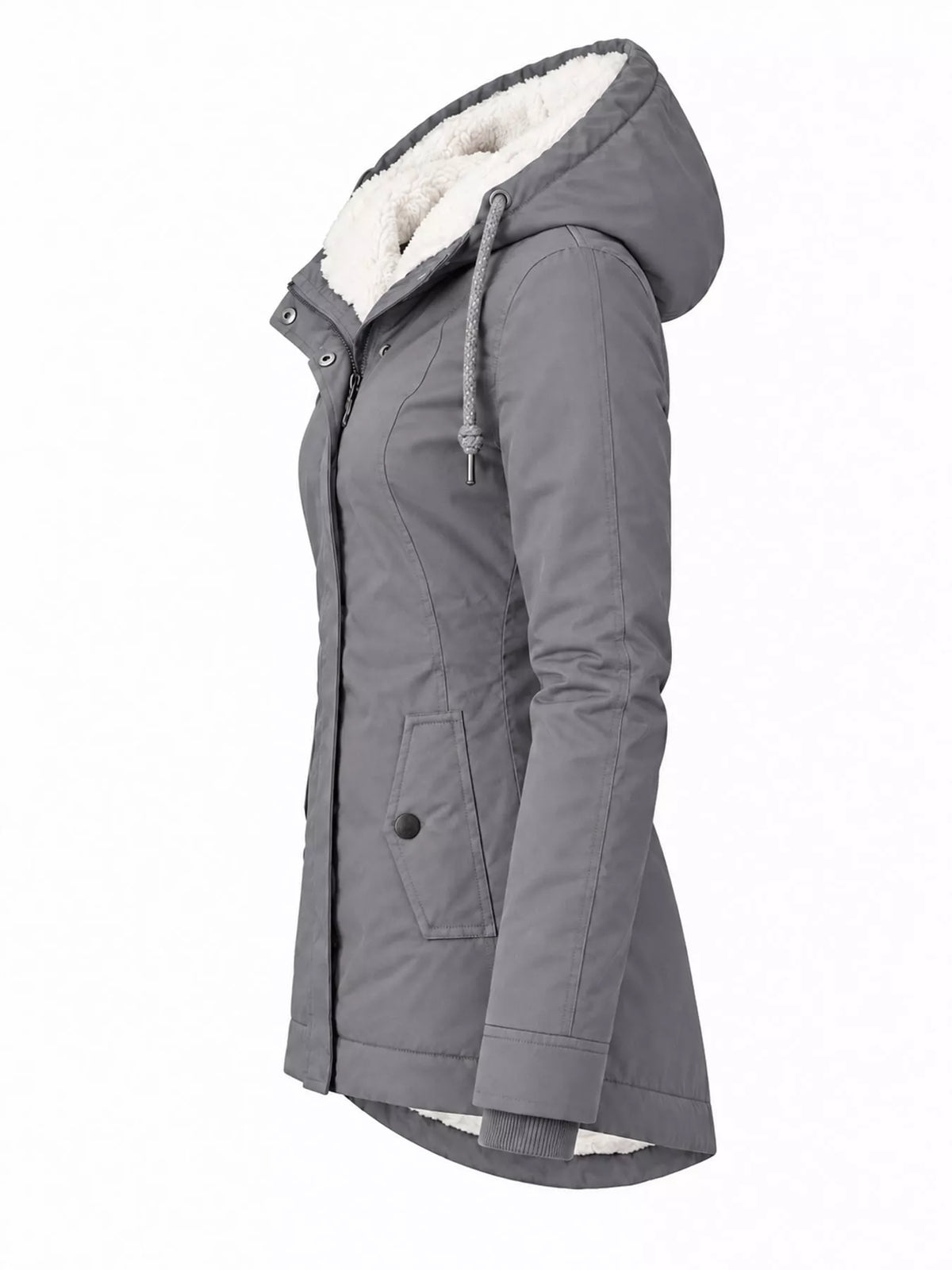 Sherpa-lined hooded parka in gray, angled view with sherpa hood trim and zipper.