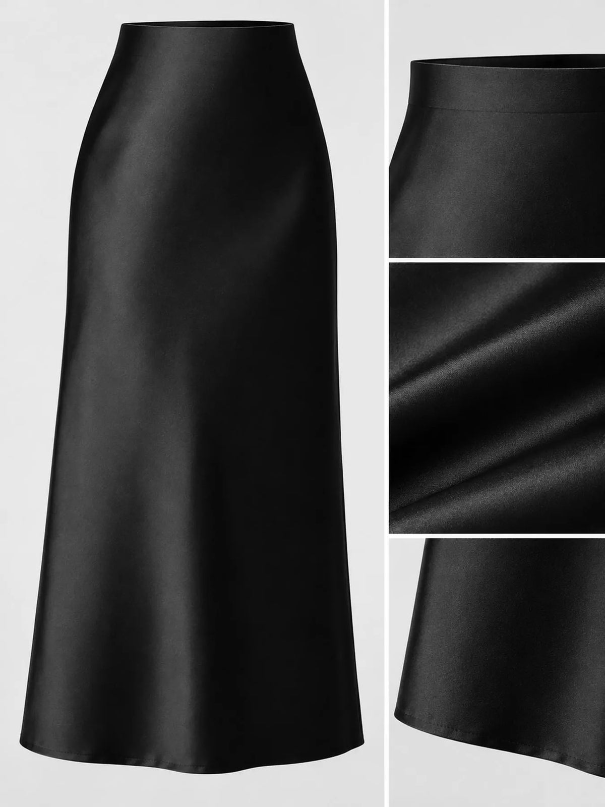 High-waisted satin midi skirt, black satin with subtle sheen and layered panels