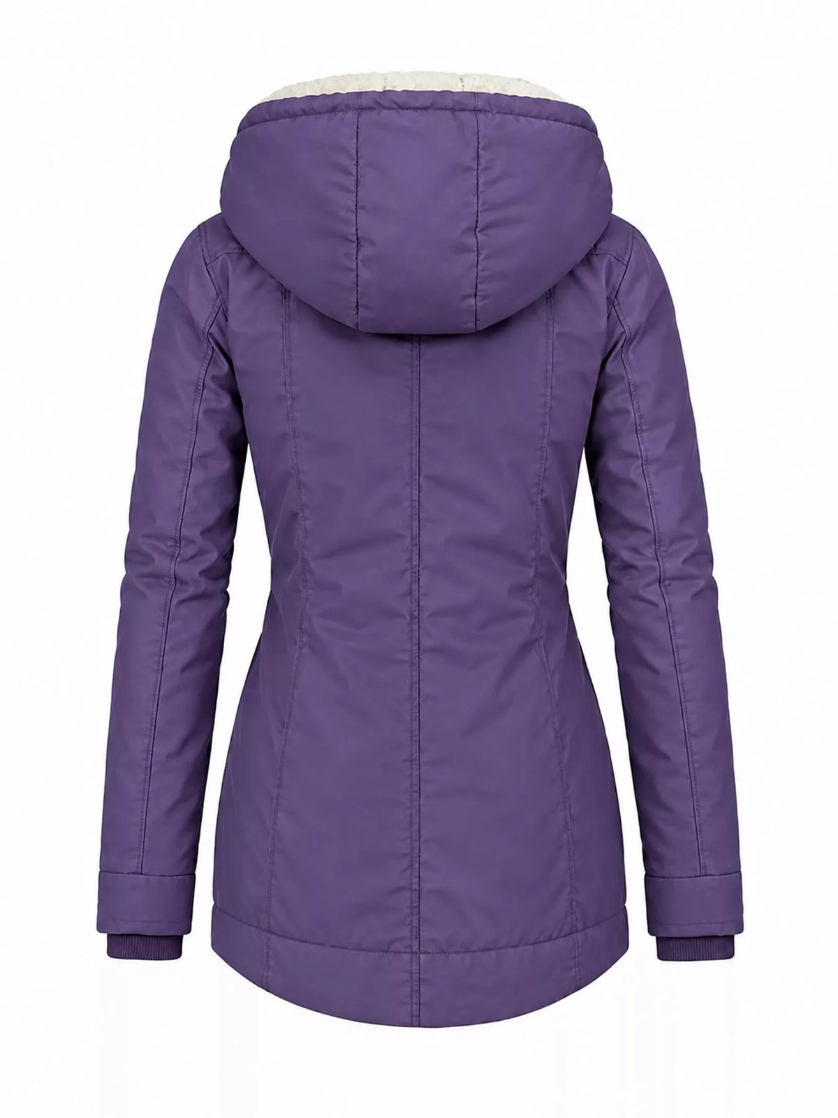 Back view of sherpa-lined hooded purple parka with quilted insulation