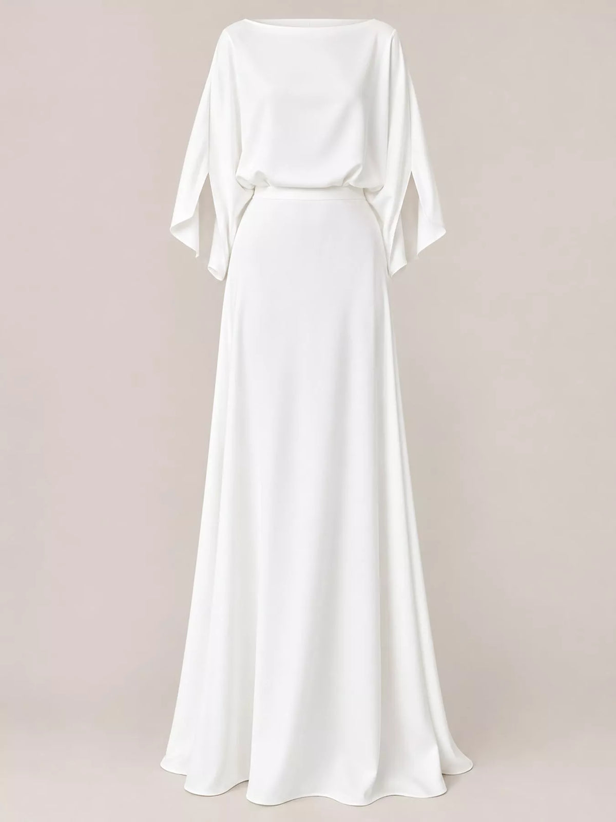 White satin maxi dress with draped scoop neckline, belted waist seam, flared skirt