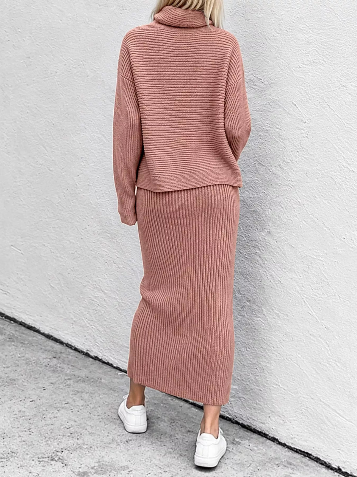 Pink ribbed sweater and midi skirt set, back view