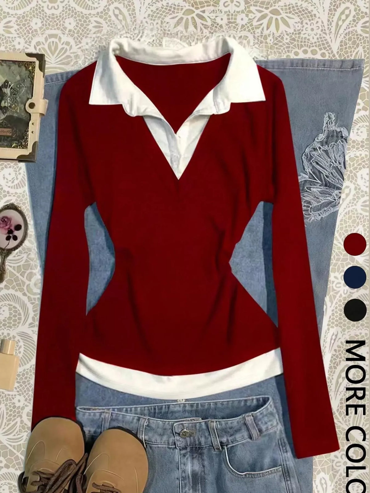 Dark red long-sleeve shirt with white contrast collar and hem, V-neck, and fitted waist