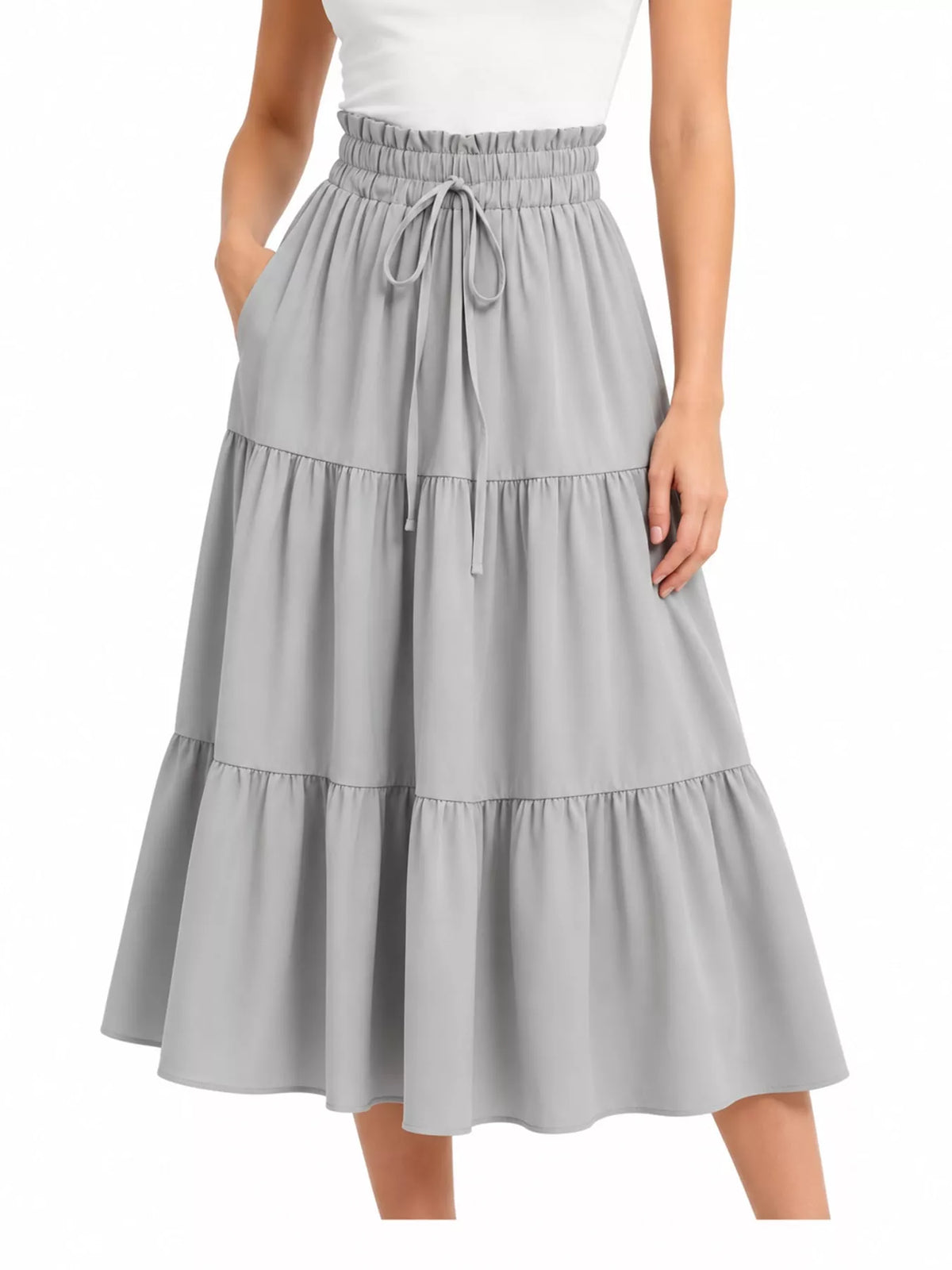 Light gray tiered midi skirt with elastic waist and front drawstring tie