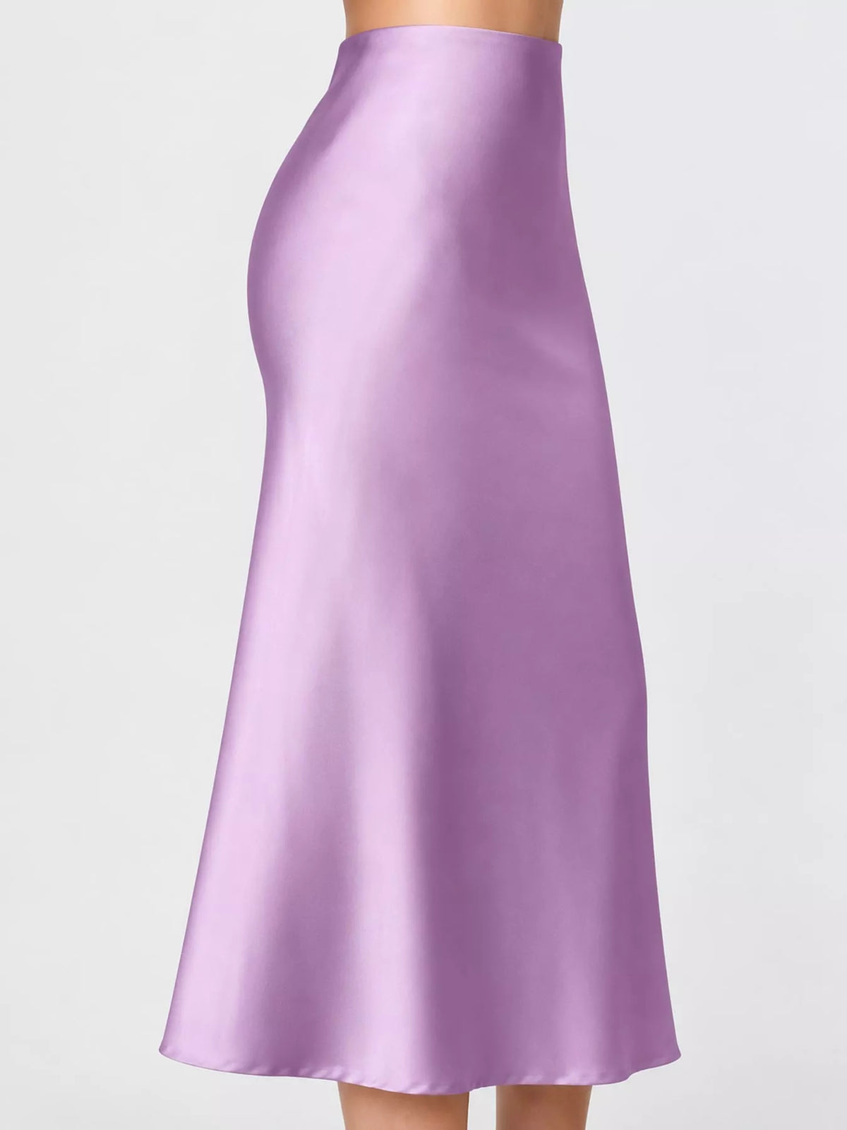 High-waisted satin midi skirt in lavender, side drape with flared hem