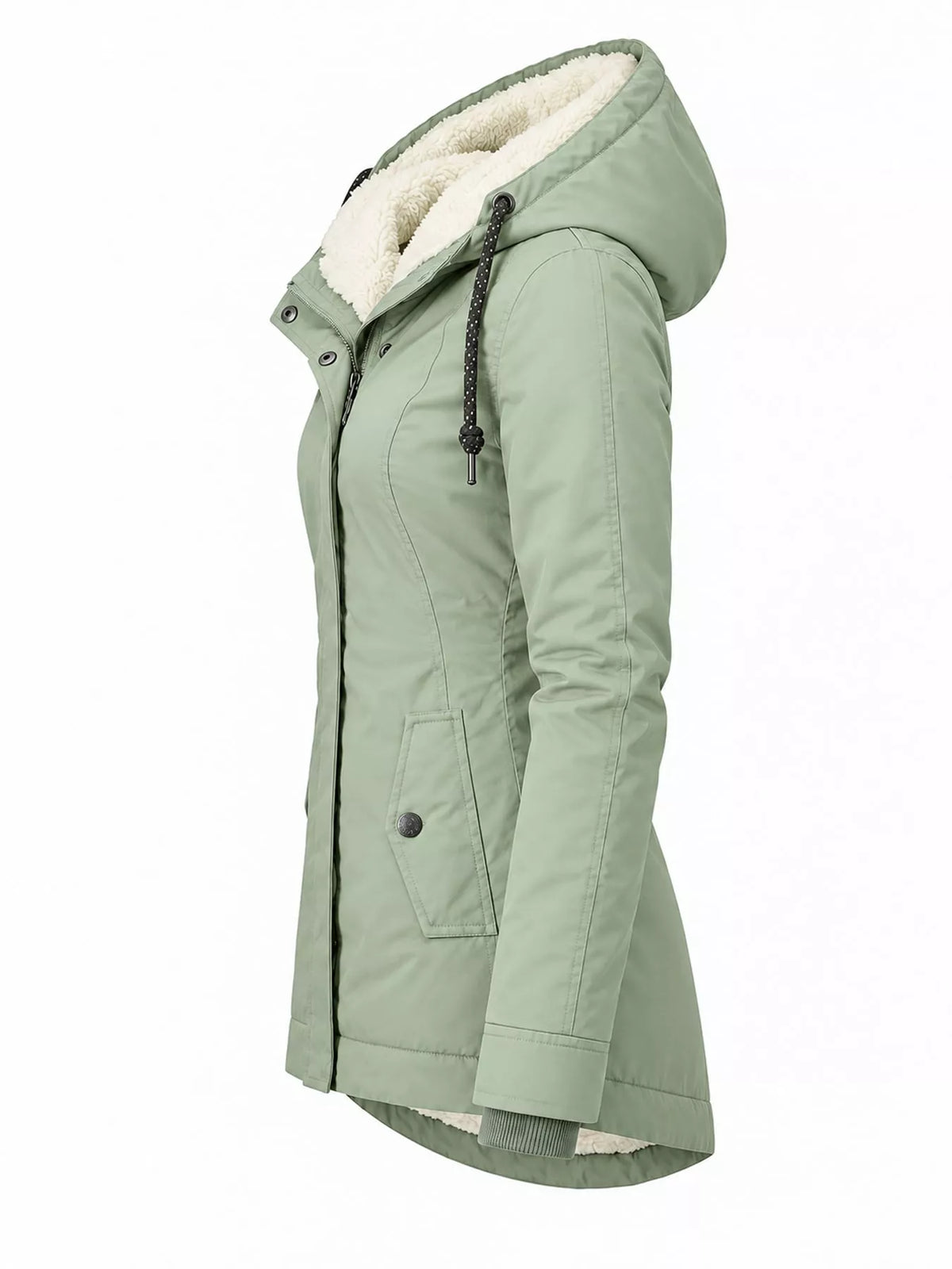 Light green hooded sherpa-lined parka side view with drawstring hood