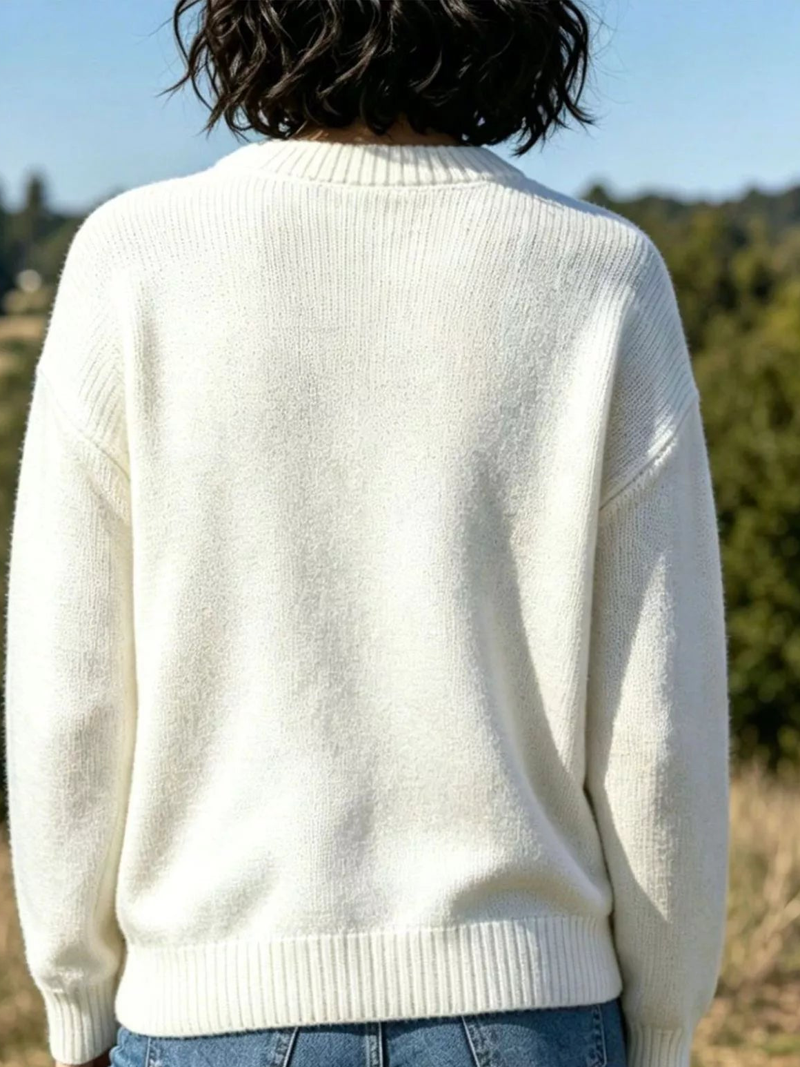 Ivory crew neck sweater, back view with plain knit design
