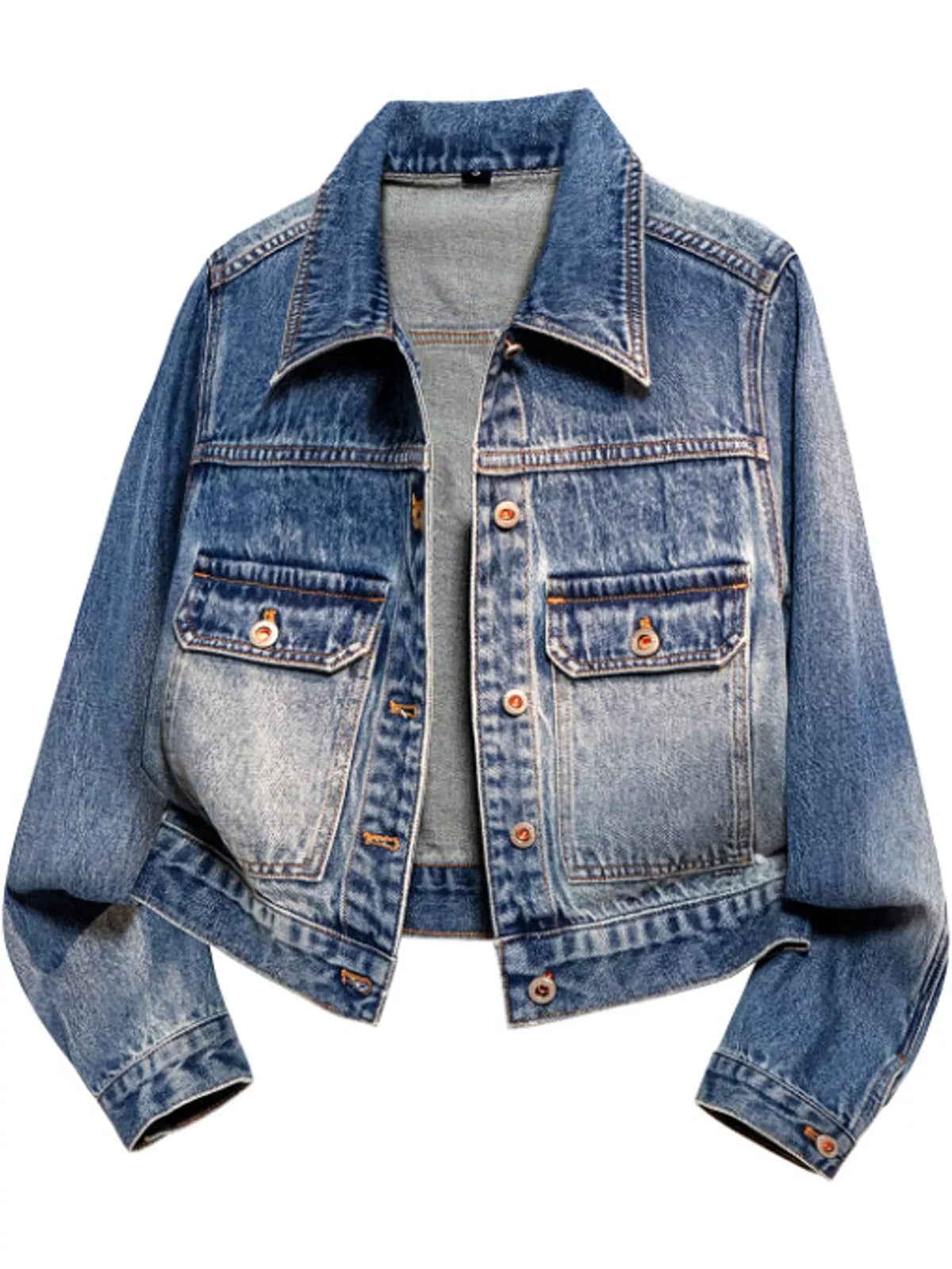 Cropped vintage-wash denim jacket with button front, two chest pockets, and pointed collar