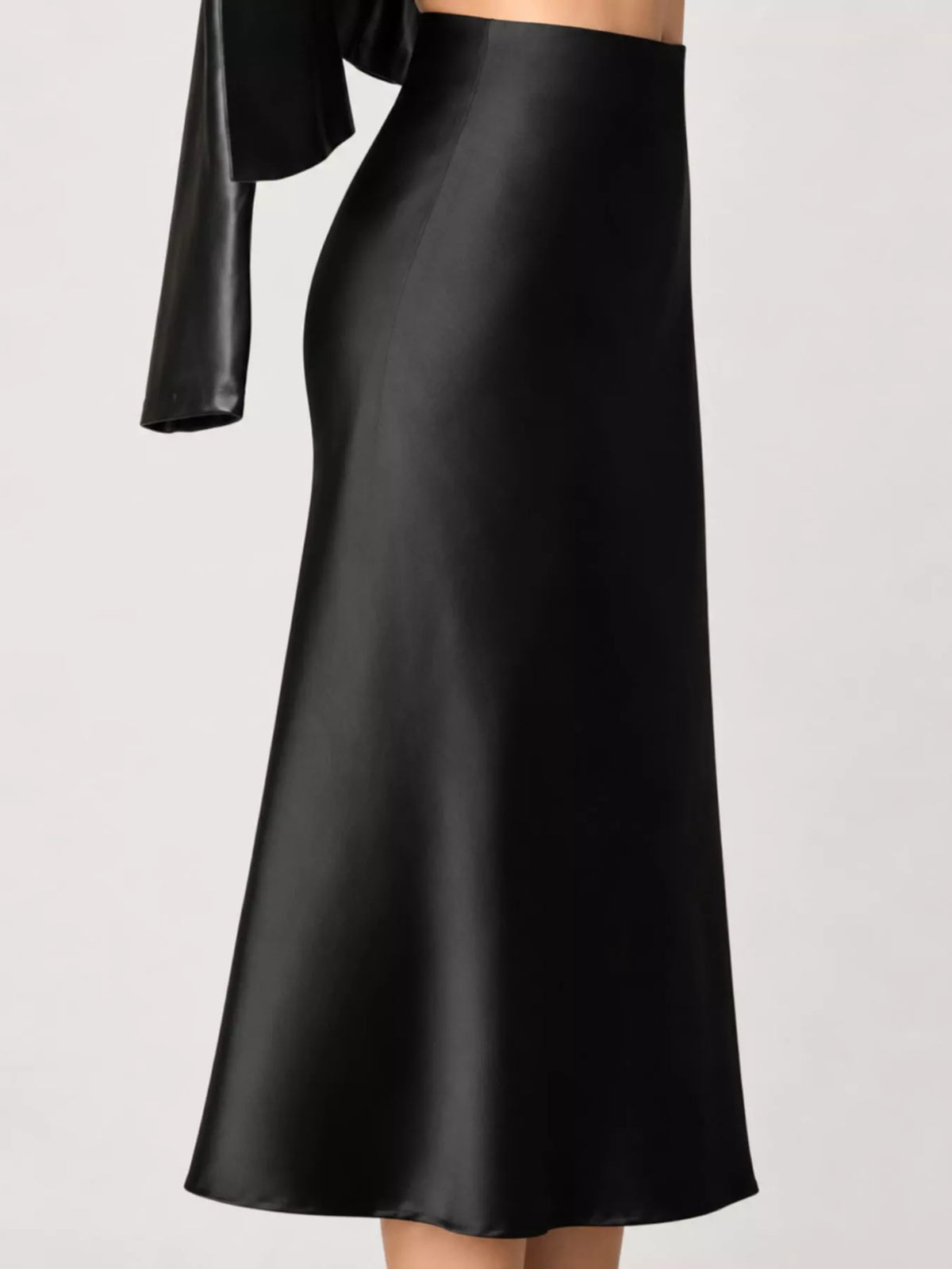 High-waisted satin midi skirt, smooth black finish with straight A-line drape
