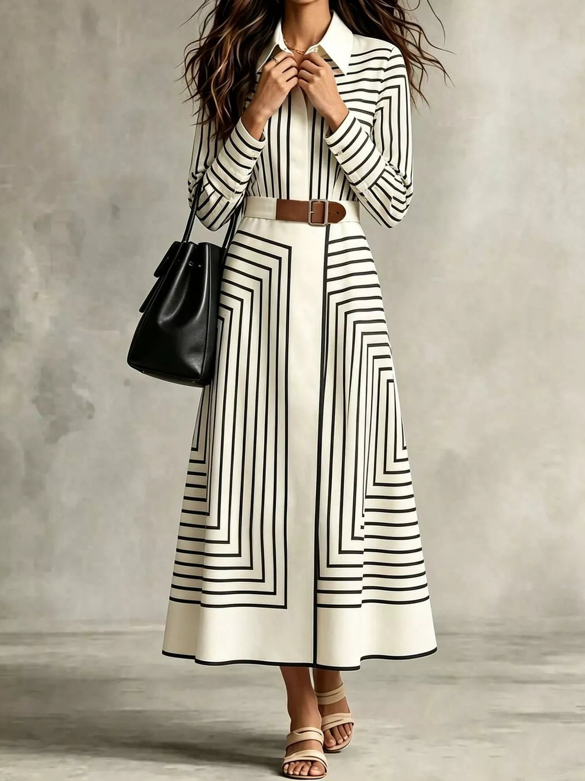 White and black striped midi shirt dress with long sleeves, button front, and brown belt