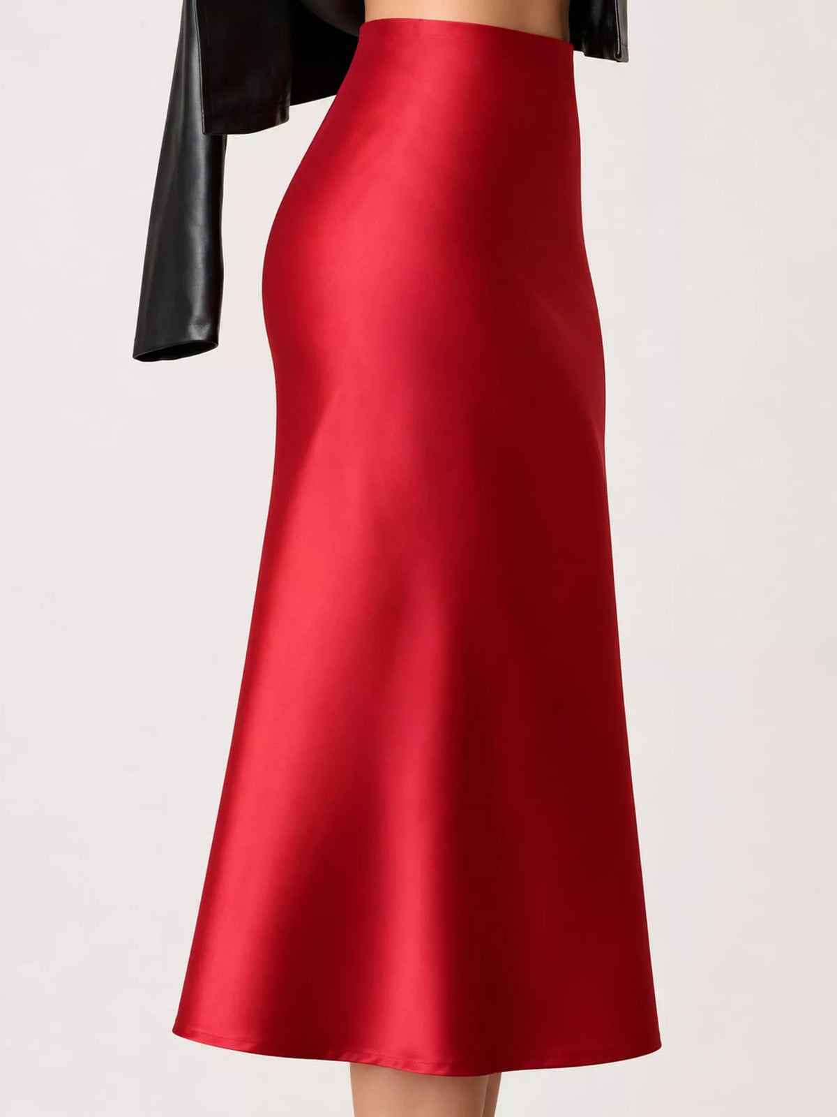 High-waisted satin midi skirt in red with high waistband and gently flared skirt