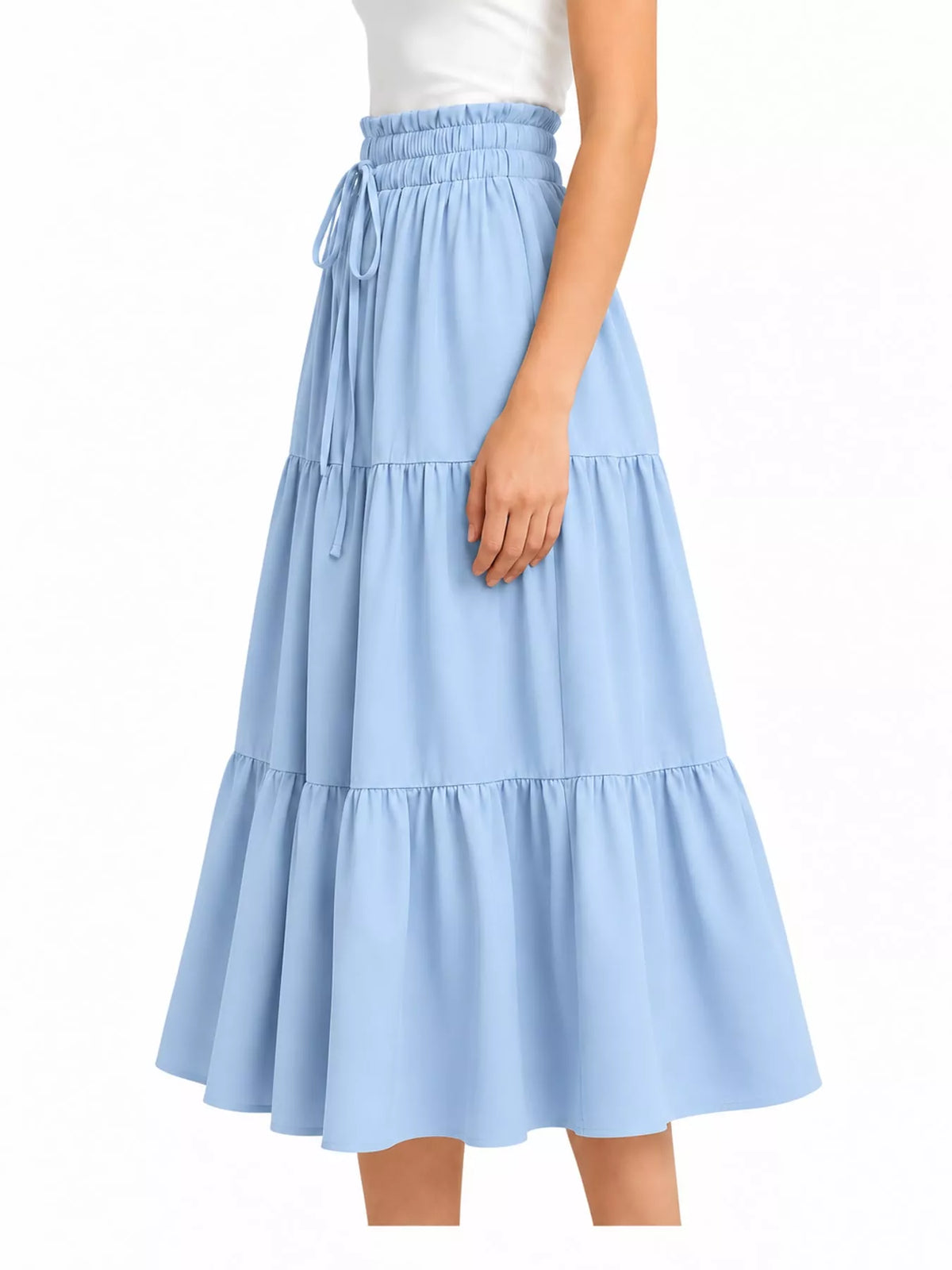 Sky blue tiered midi skirt with elastic waist and drawstring, flared tiered panels.