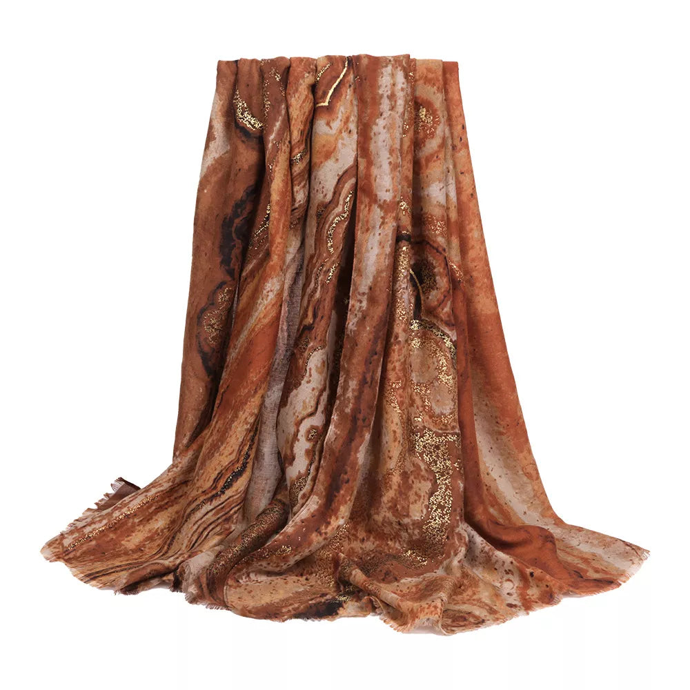 Brown marble print foil scarf with gold-toned accents