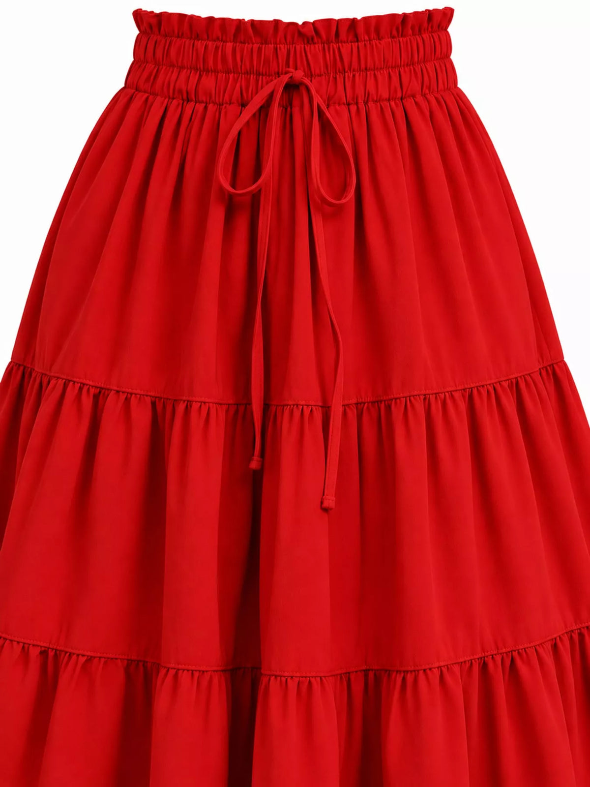 Red tiered skirt with elastic waistband and bow drawstring; tiered ruffles