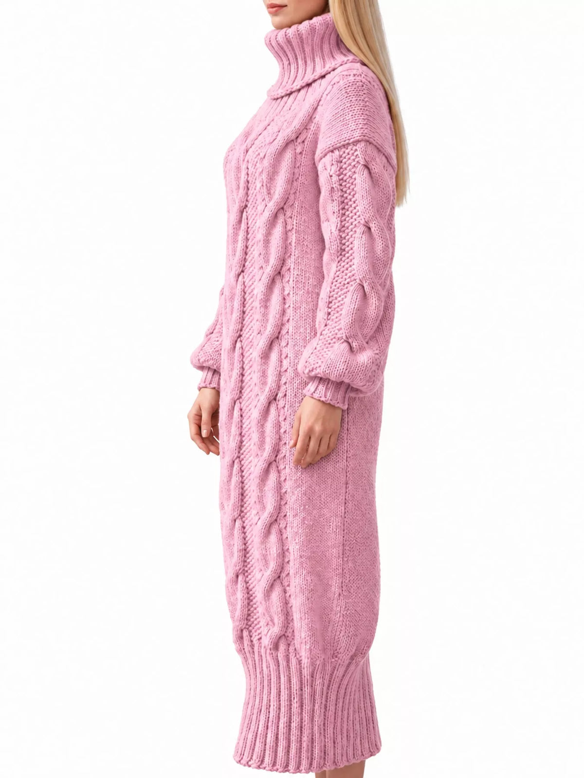 Chunky cable knit turtleneck sweater dress, side view, pink textured knit