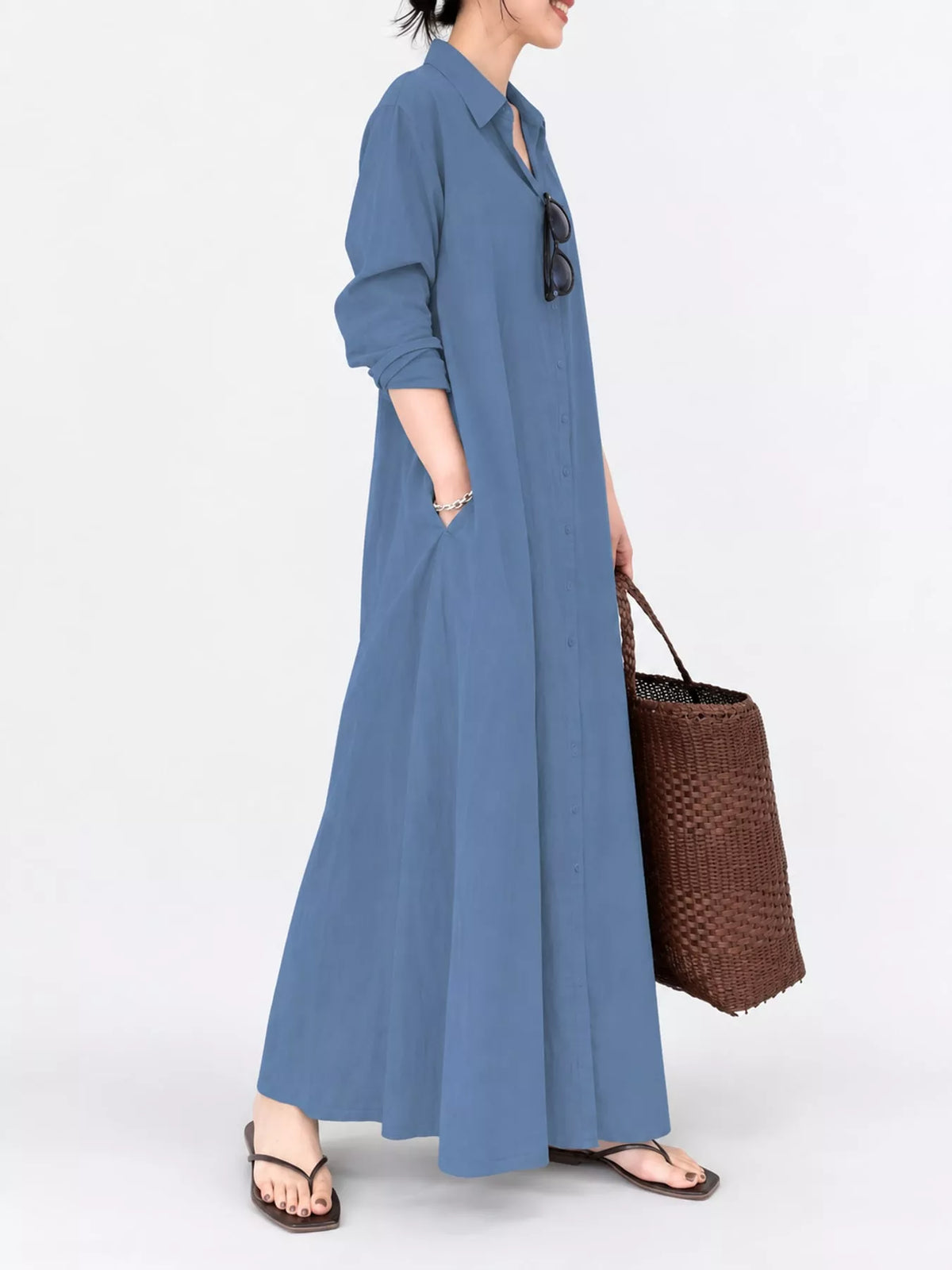 Light blue button-front long sleeve maxi shirt dress, side view with tie neckline