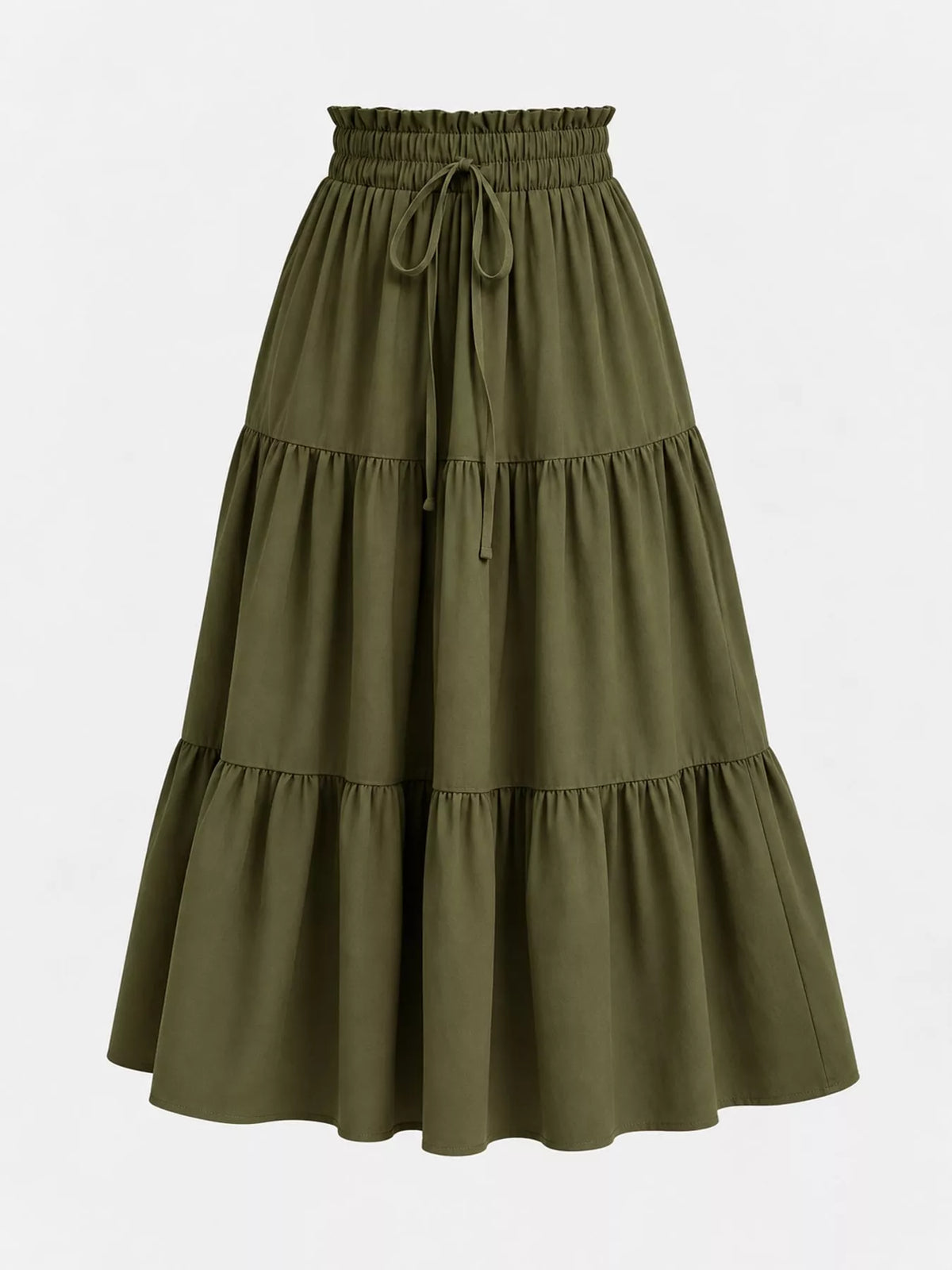Olive tiered midi skirt with elastic waistband and front drawstring tie