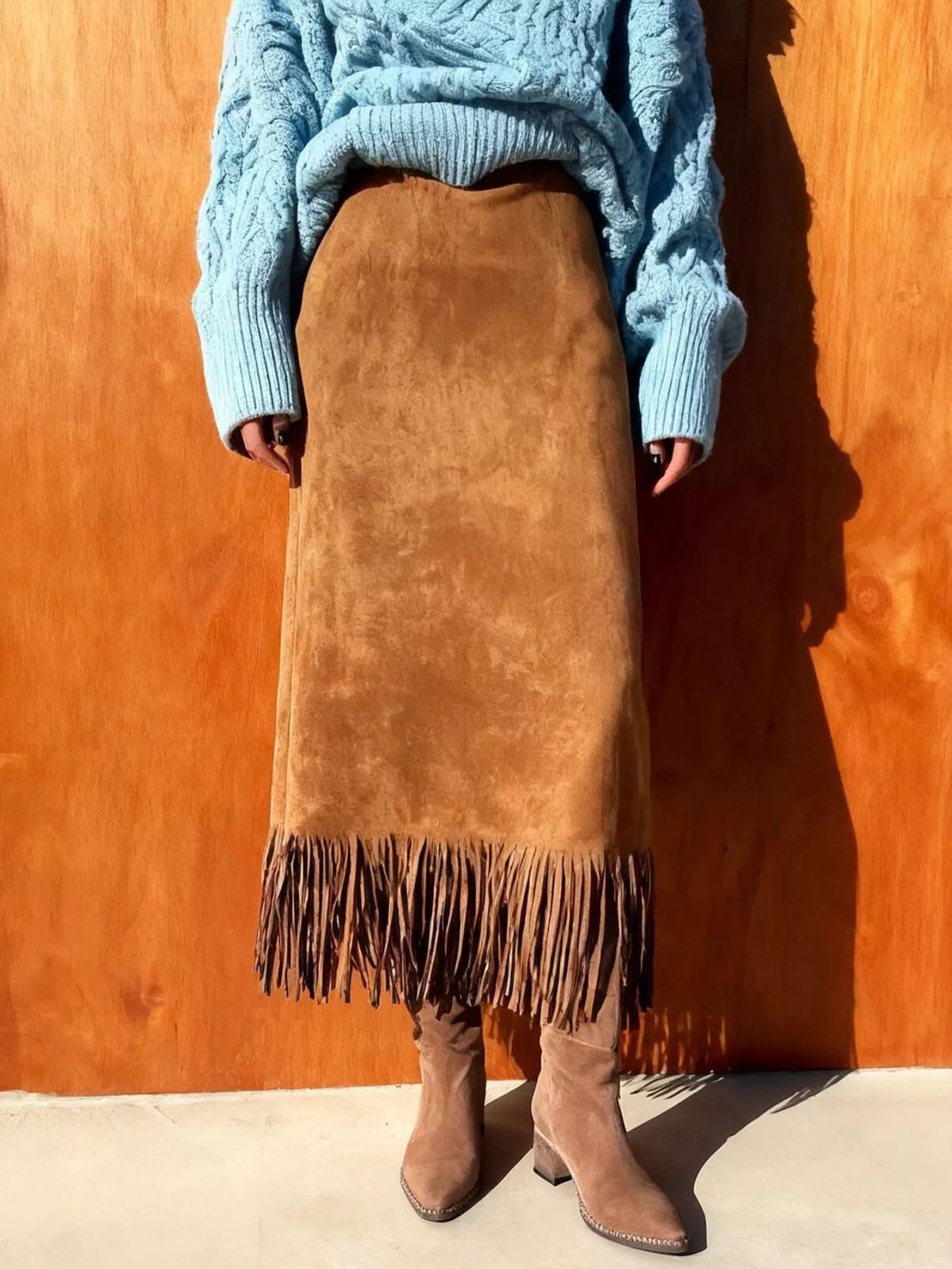 Light brown suede midi skirt with high waist and long fringe hem