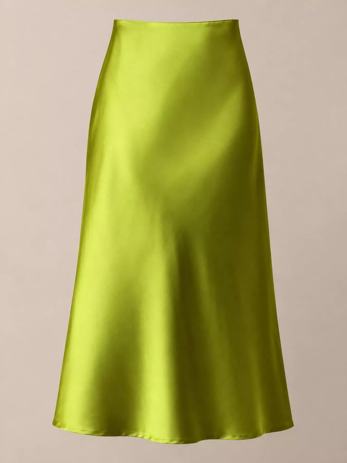 High-waisted satin midi skirt in lime green, full front view with flared hem