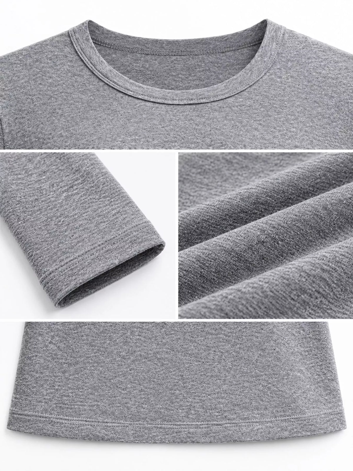 Dark heather gray crew neck long-sleeve T-shirt fabric and hem close-up