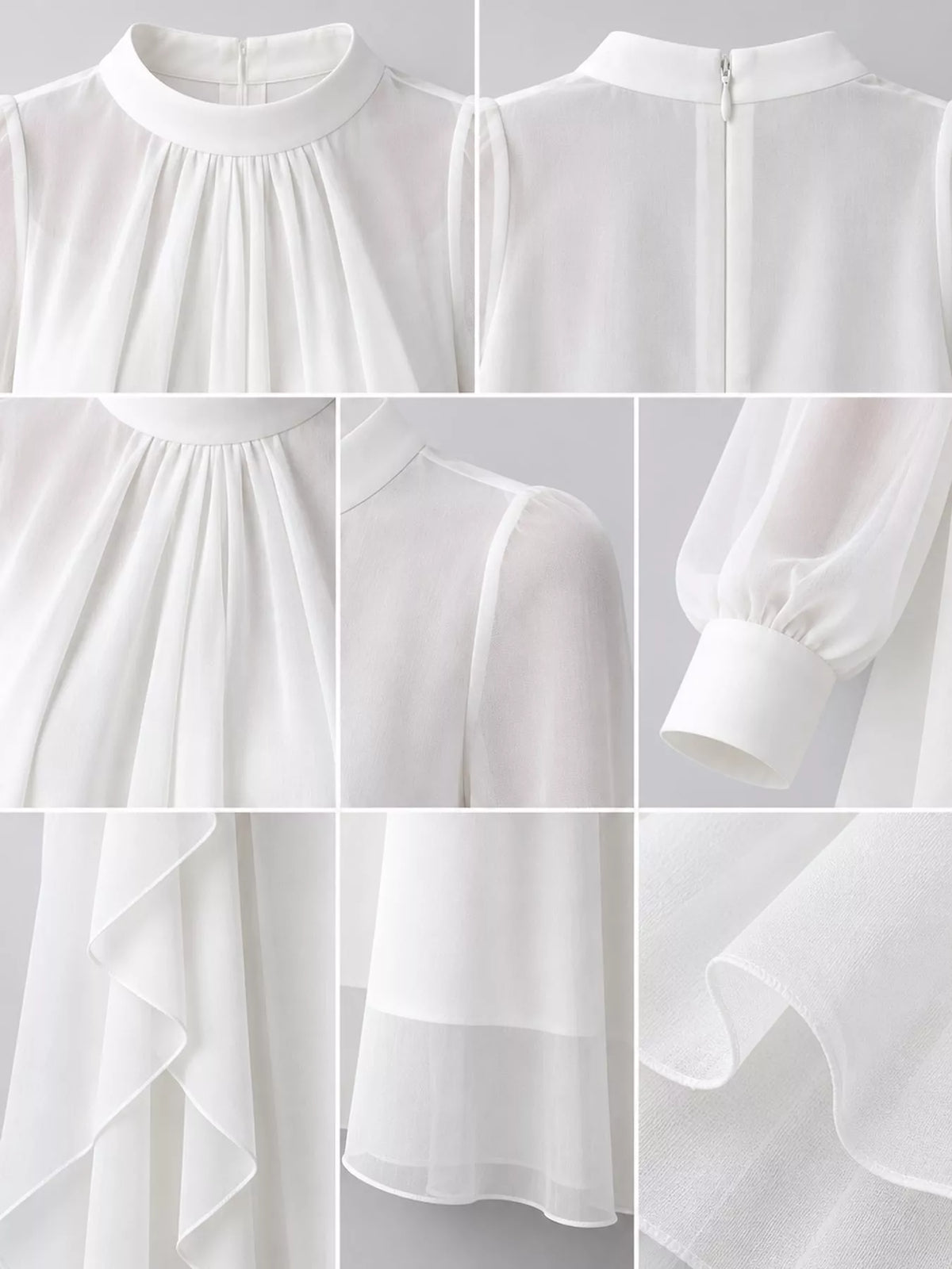 White dress details: pleated neckline, back zipper, sheer sleeves and layered chiffon
