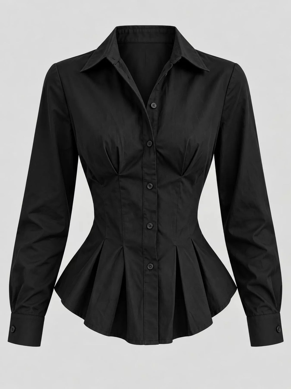 Black button-front peplum blouse with fitted waist and long sleeves, front view