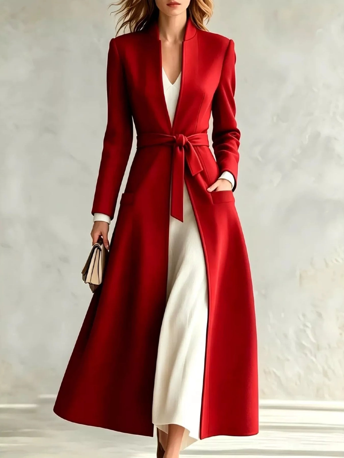 Red tie-waist long sleeve coat with self-tie belt and patch pockets