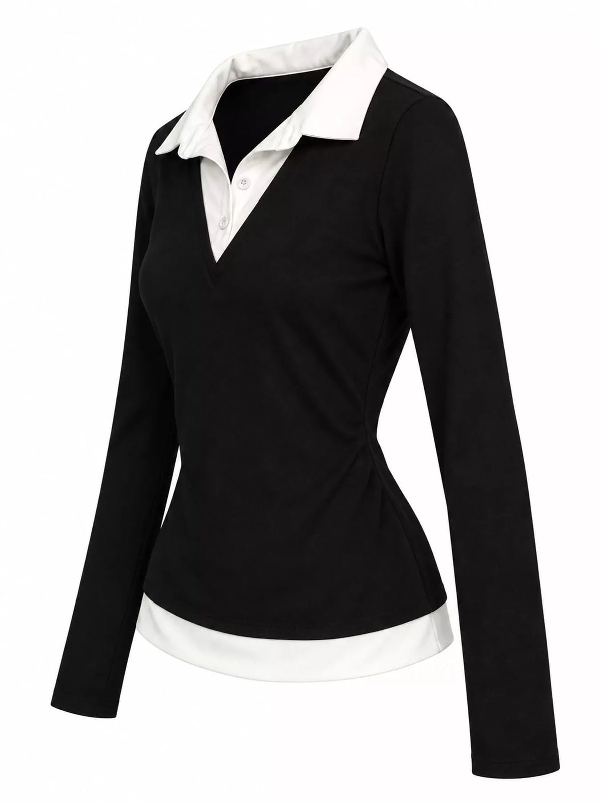 Black fitted long-sleeve shirt with white contrast collar and hem, shown from the front