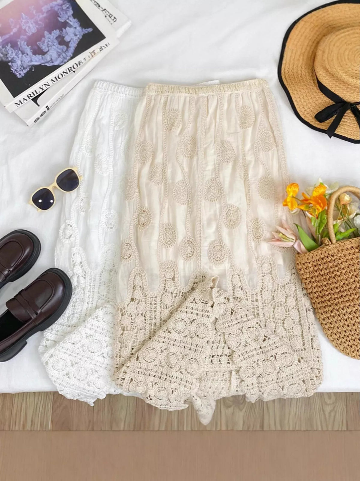 White and apricot lace midi skirts with elastic waistbands and crochet hems