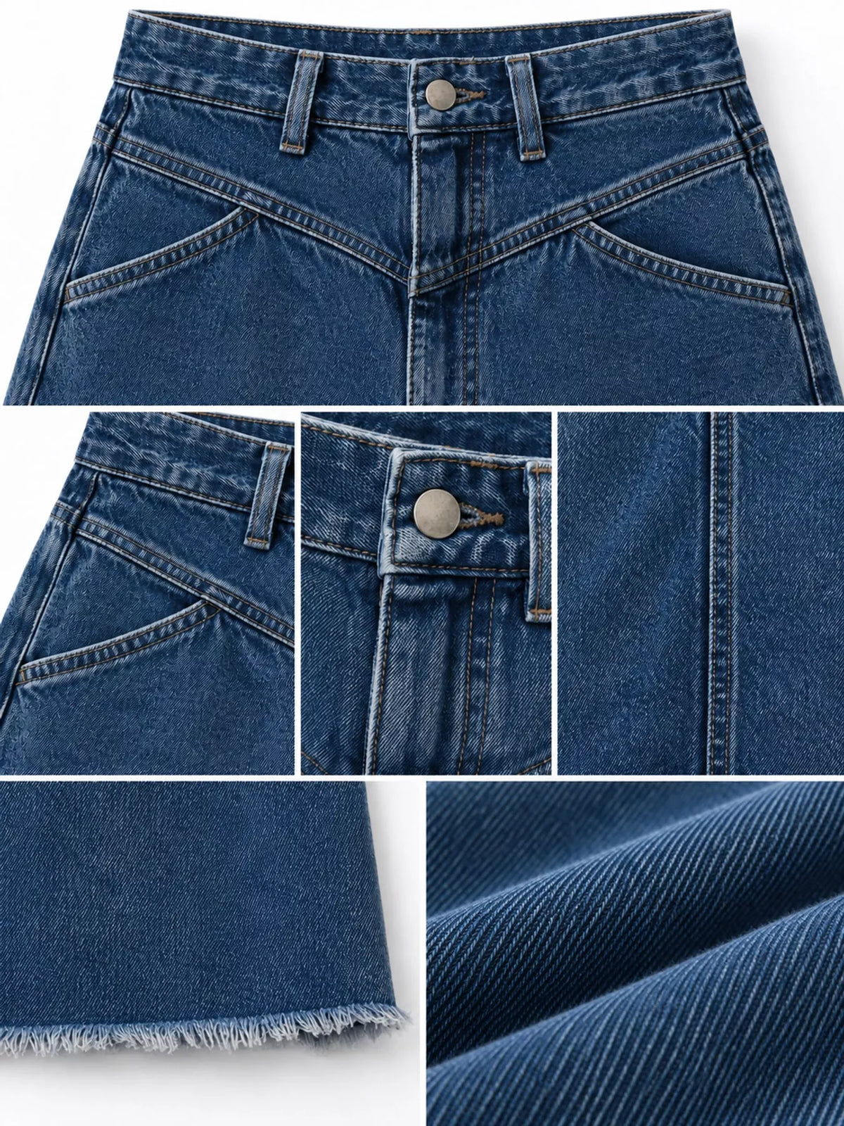 Light blue denim maxi skirt with raw hem, front button, and belt loops.