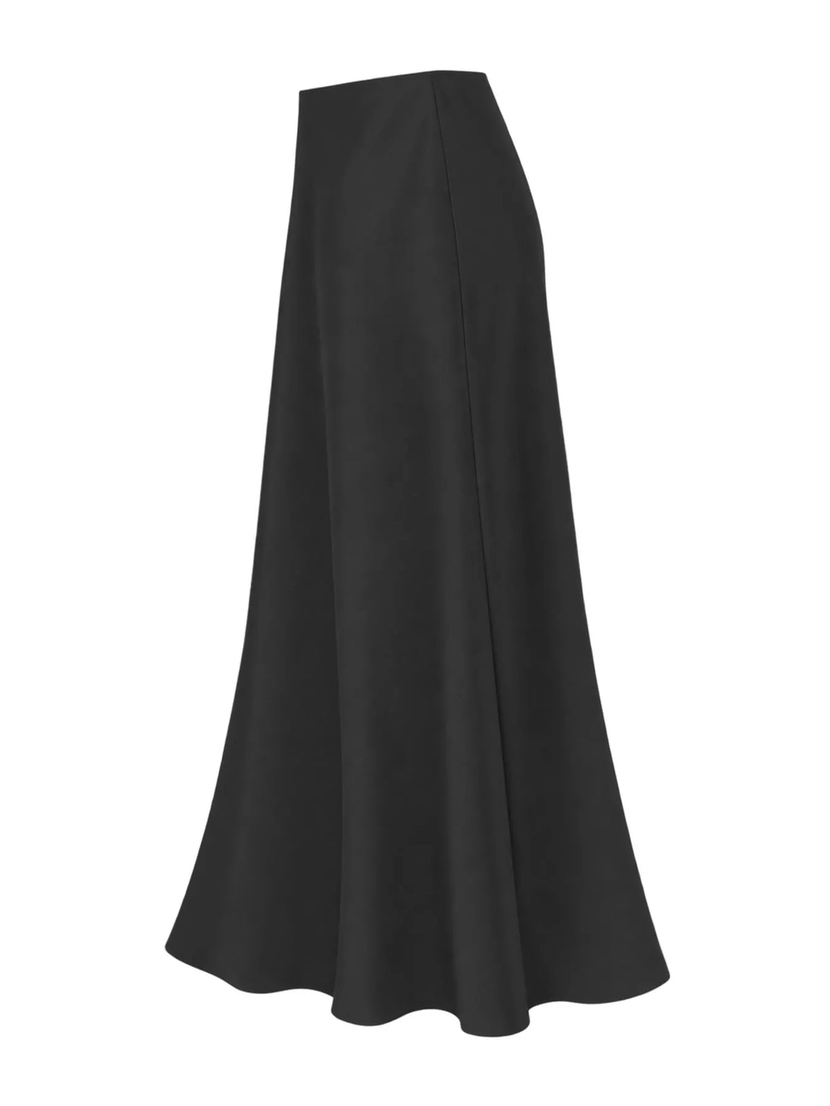 Black satin midi skirt shown from the side, with a flowing flared hem