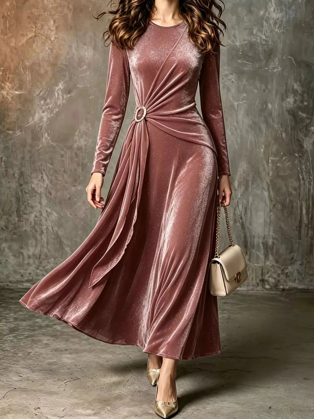 Pink velvet long-sleeve maxi dress with waist ring detail and draped A-line skirt