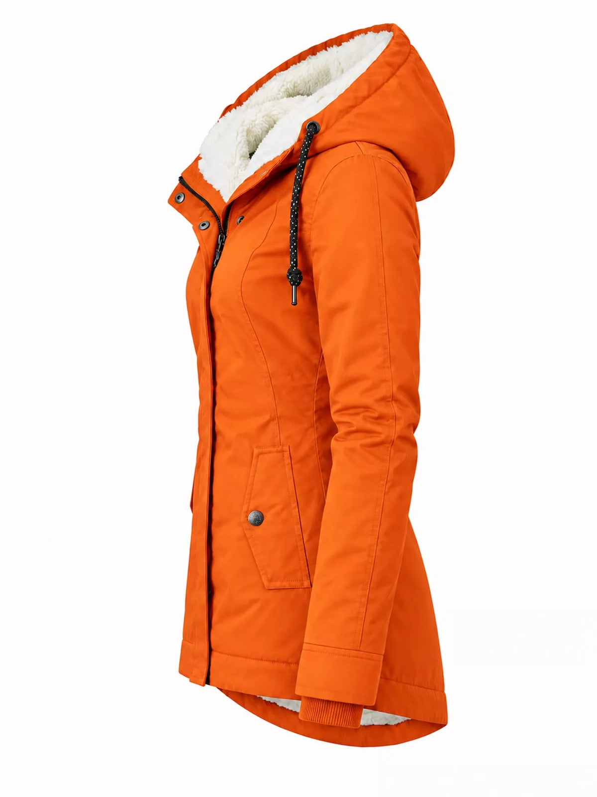 Orange sherpa-lined hooded plus-size parka with drawstring hem and utility pockets