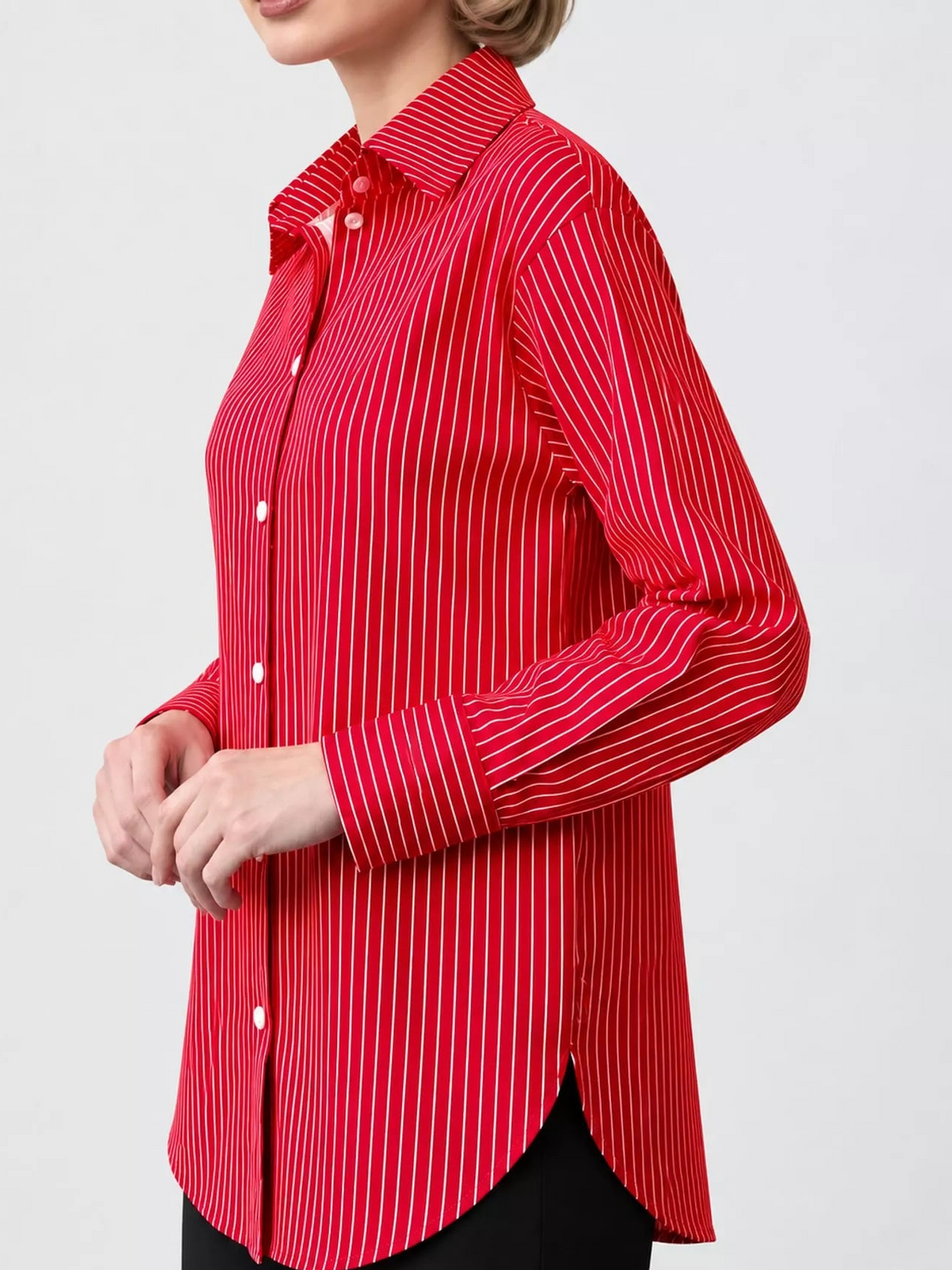 Red and white striped long-sleeve button-up shirt, side view