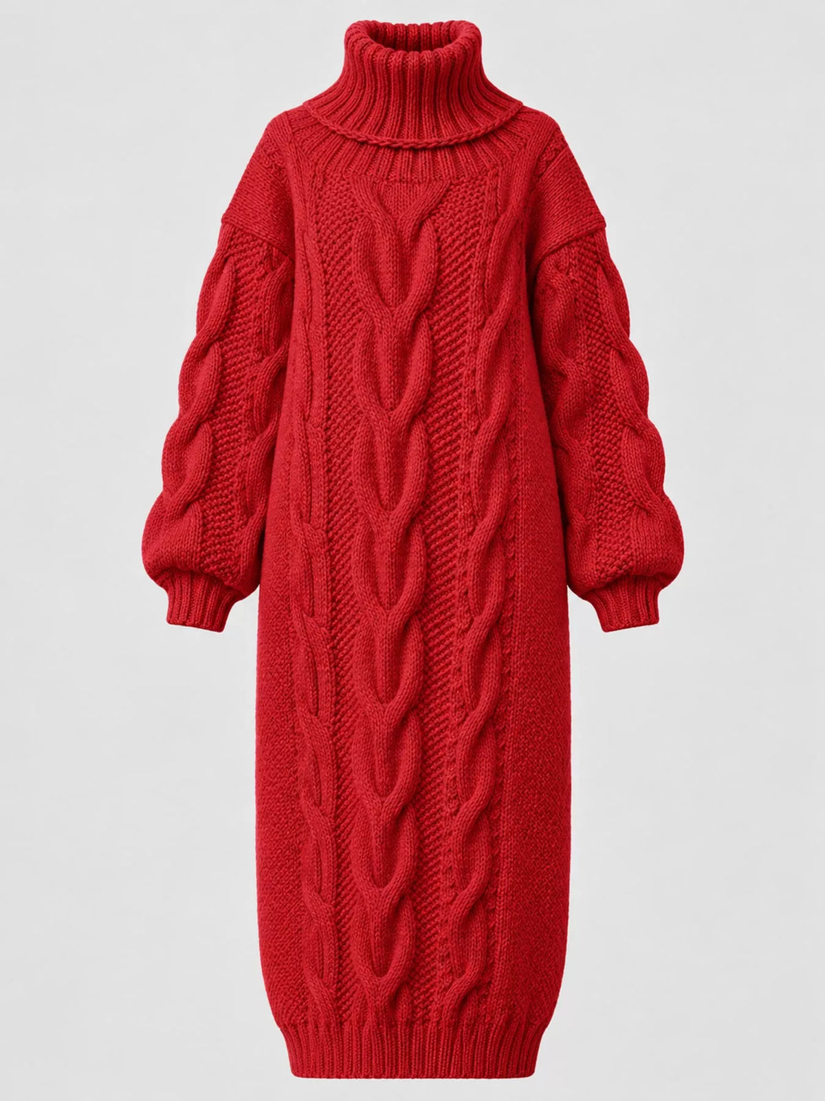 Chunky cable knit turtleneck sweater dress, red, long sleeves, oversized fit, midi length