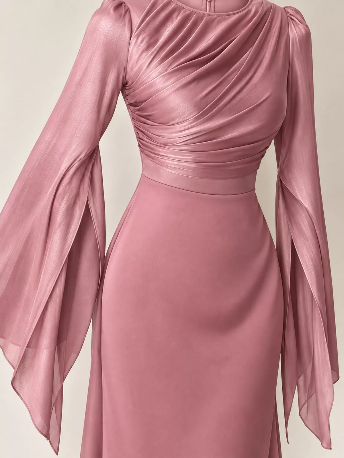 Dusty rose maxi dress with a ruched bodice and sheer flared sleeves