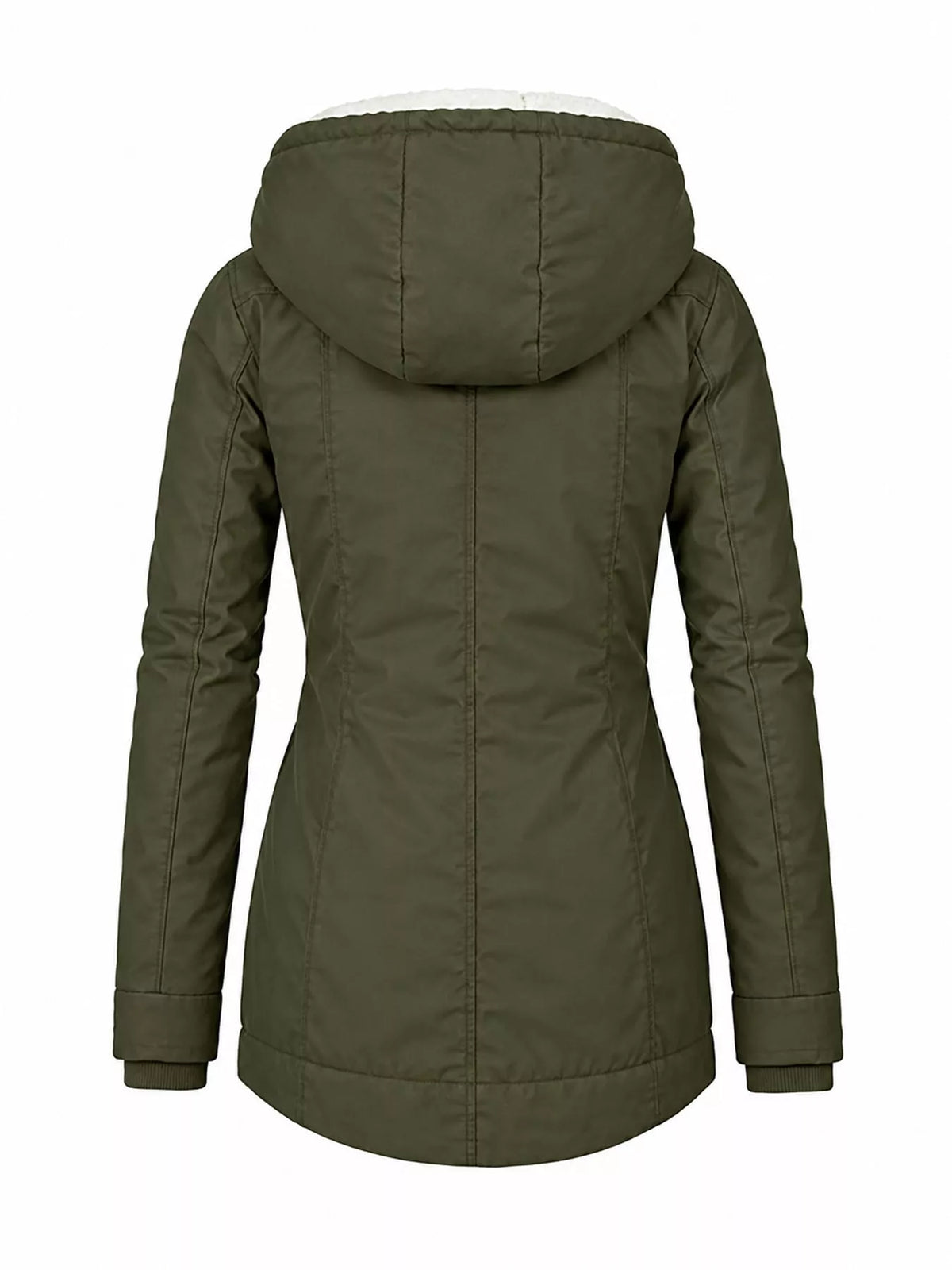 Olive green sherpa-lined hooded parka, back view with quilted hood lining