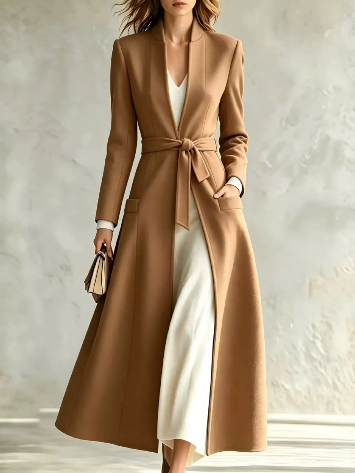 Khaki tie-waist long sleeve coat with self-tie belt and patch pockets