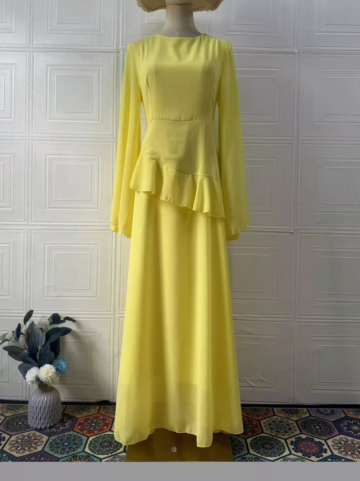 Light yellow plus-size maxi dress with ruffled tiered sleeves and flowing skirt