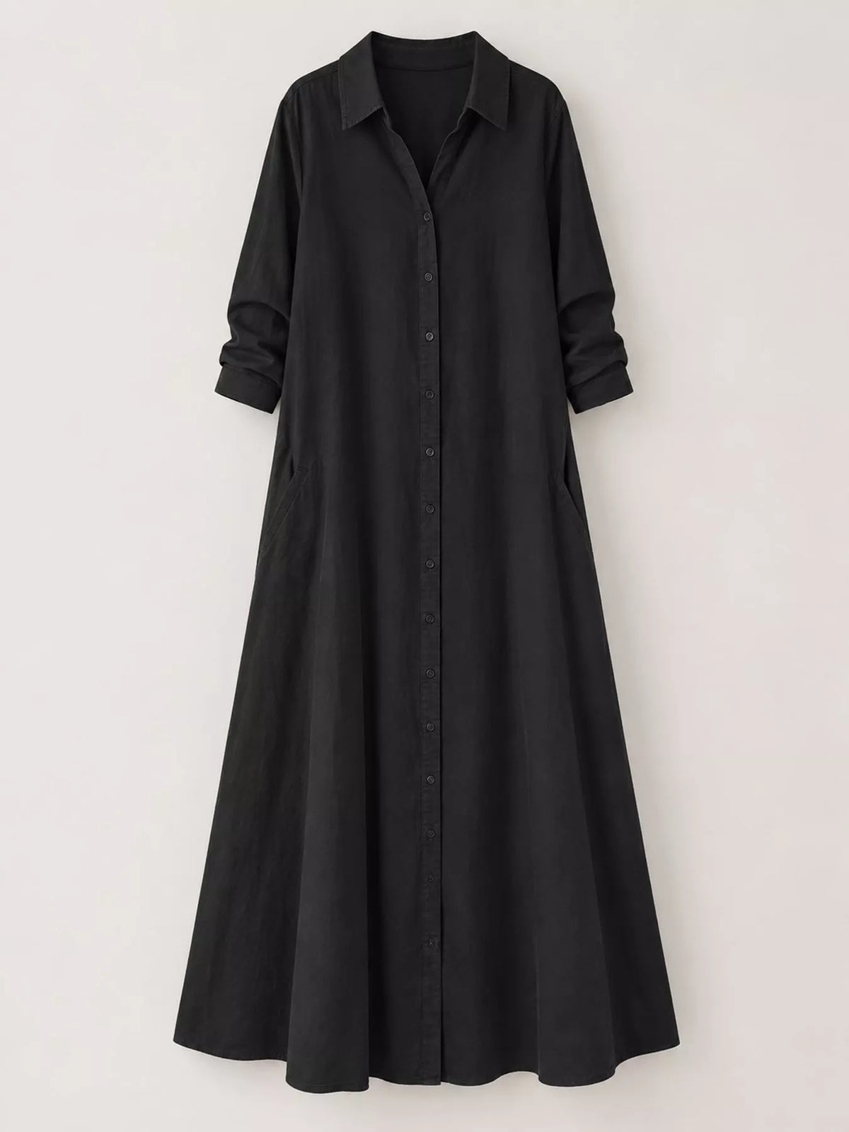 Black button-front long sleeve maxi shirt dress front view with button placket