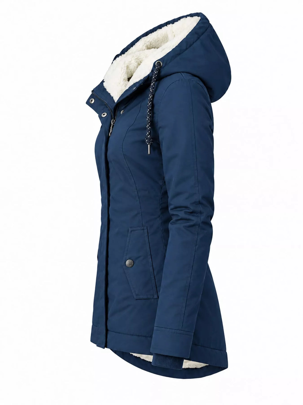 Navy sherpa-lined hooded parka side view with quilted shoulder and utility pocket