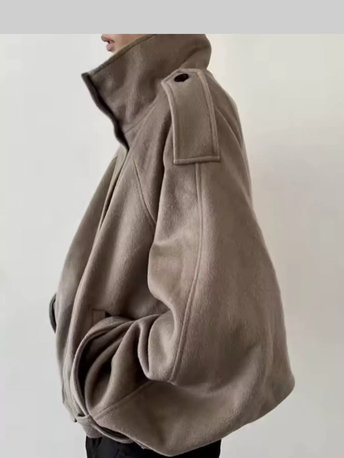 Taupe stand-collar jacket with flap pocket and gathered sleeve cuffs