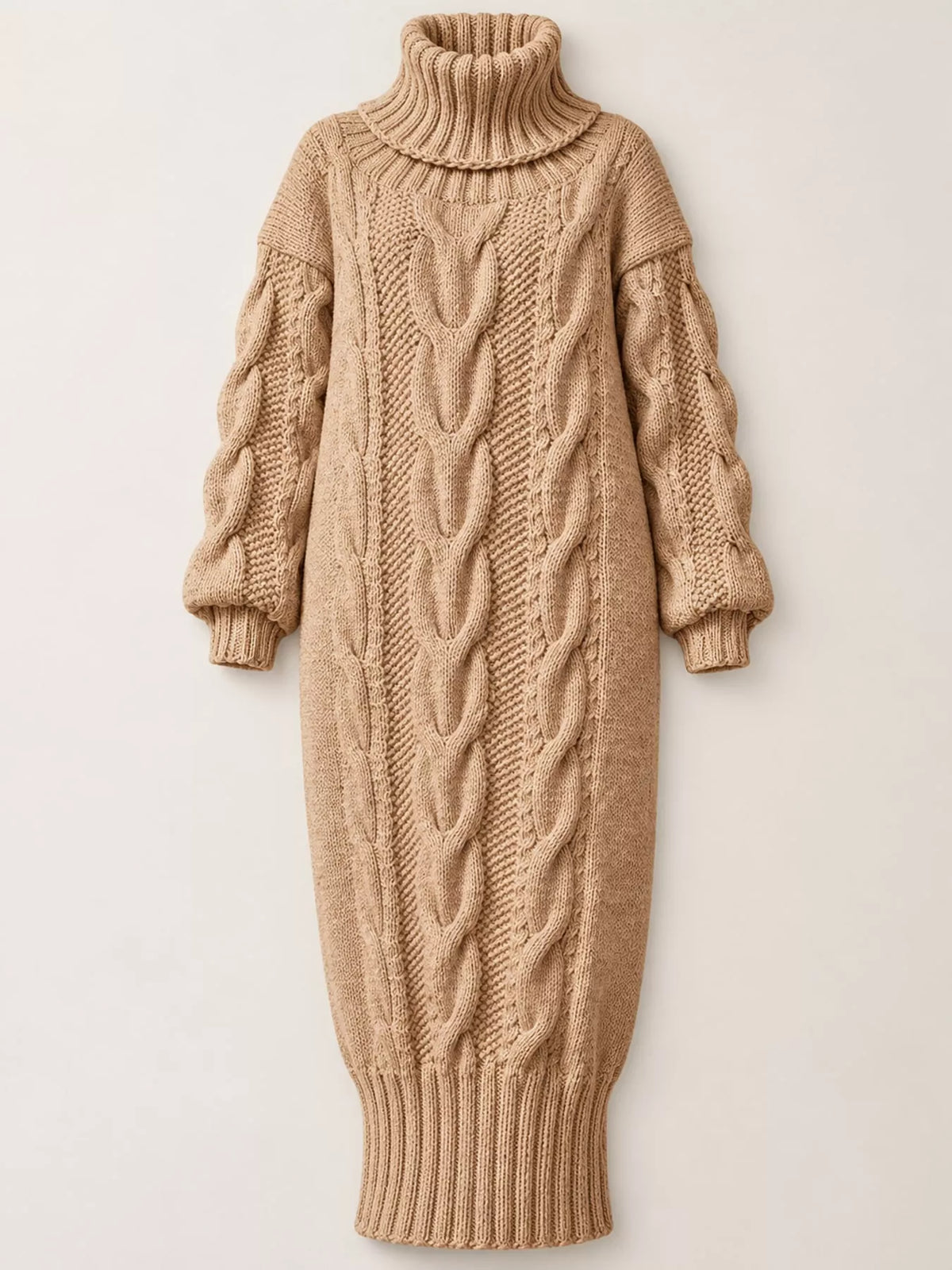 Chunky cable-knit turtleneck sweater dress in tan, front view with textured cable pattern.