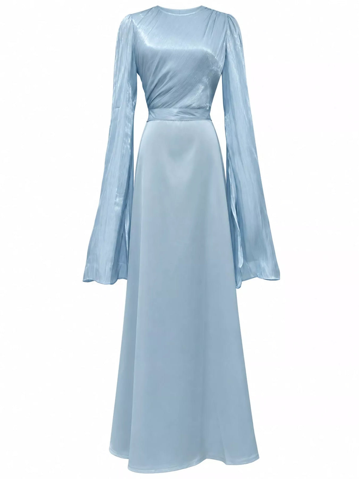 Light blue maxi dress with a draped bodice, fitted waist, and long sheer flared sleeves
