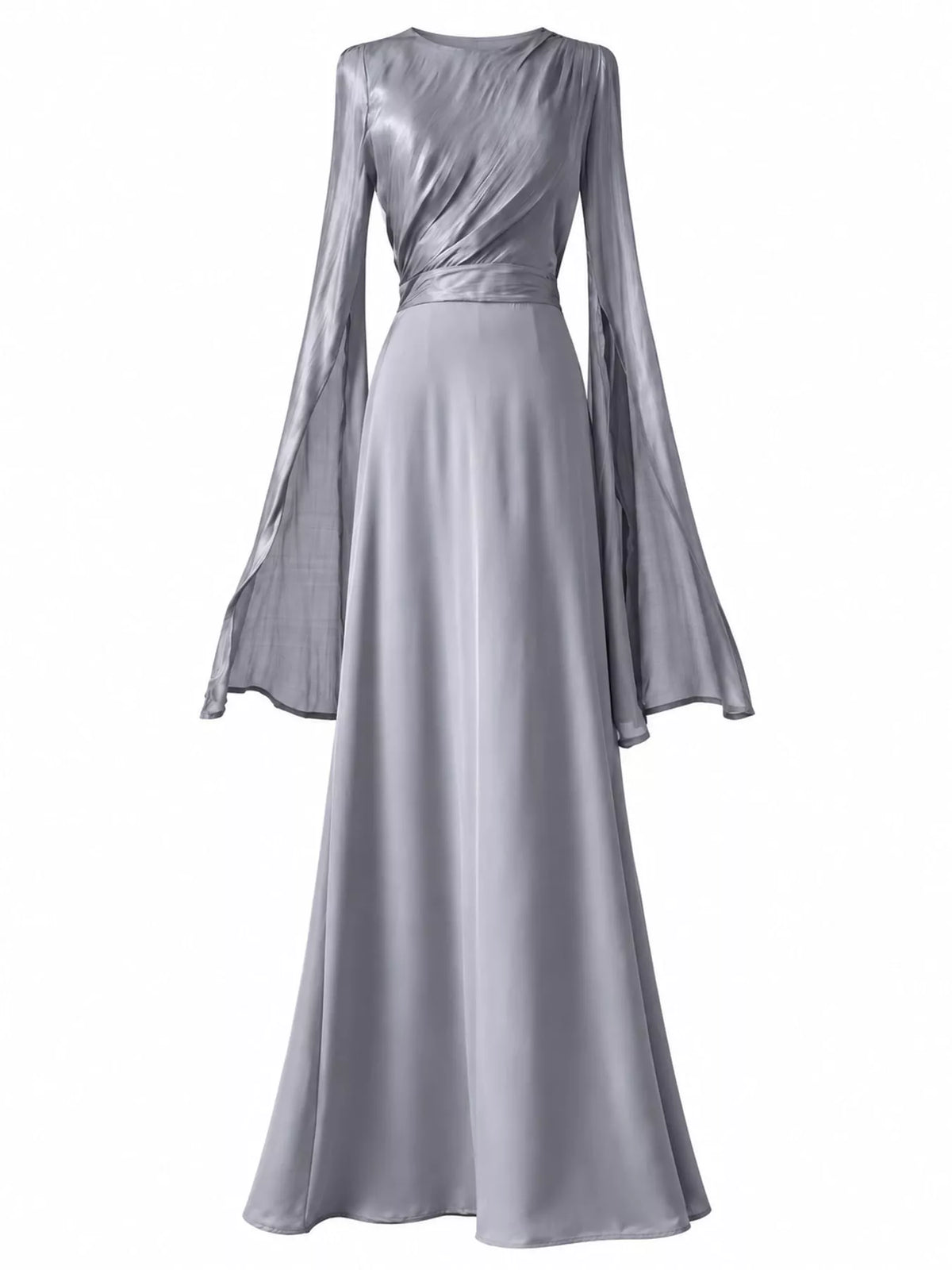Gray maxi dress with a draped bodice and long sheer flared sleeves